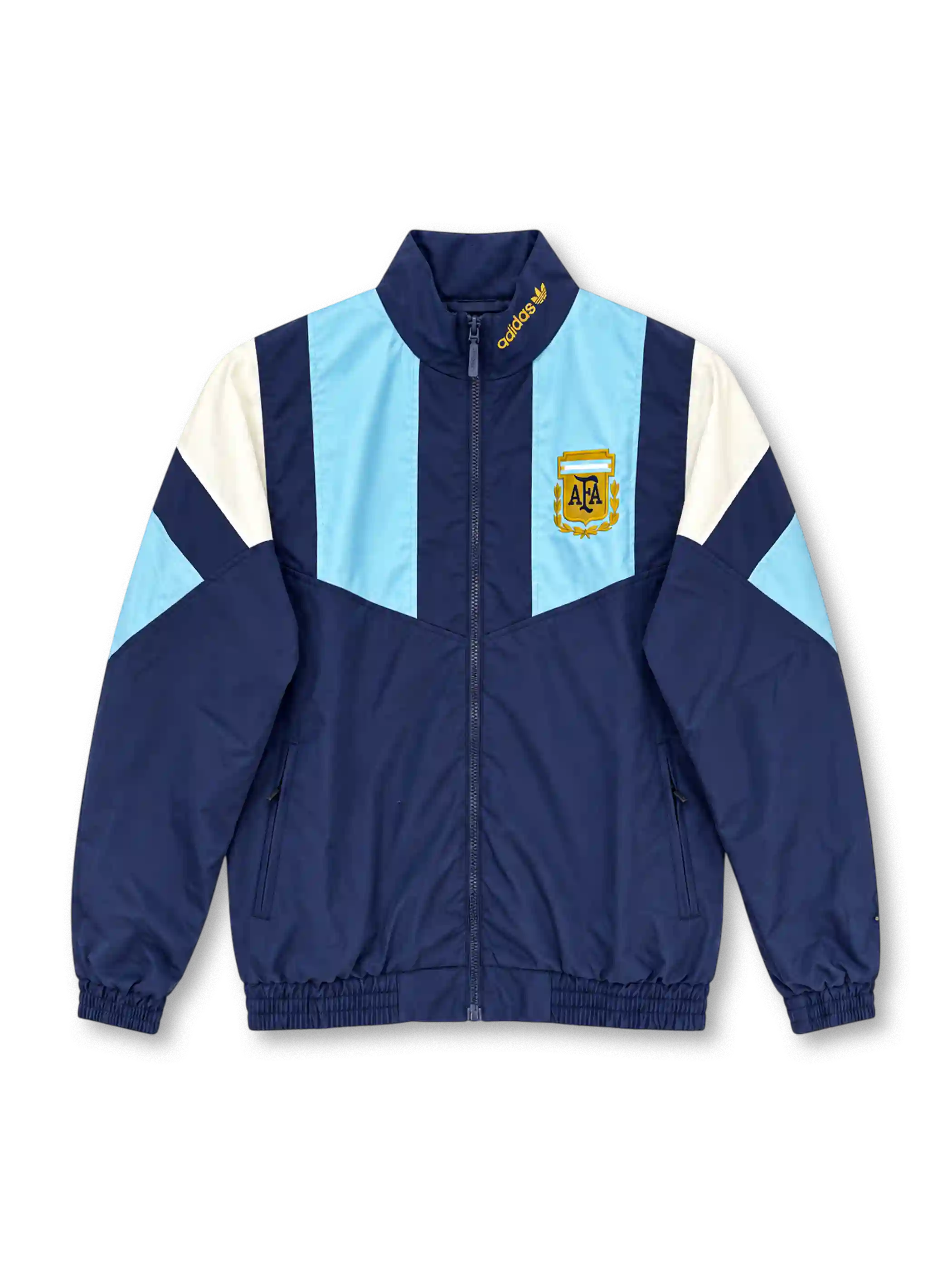Front view of the Argentina 2026 adidas Originals EQT track jacket in navy blue with sky-blue chest panels, white geometric shoulder inserts, a gold AFA crest, gold adidas collar branding, full-length zipper, and elasticated cuffs.