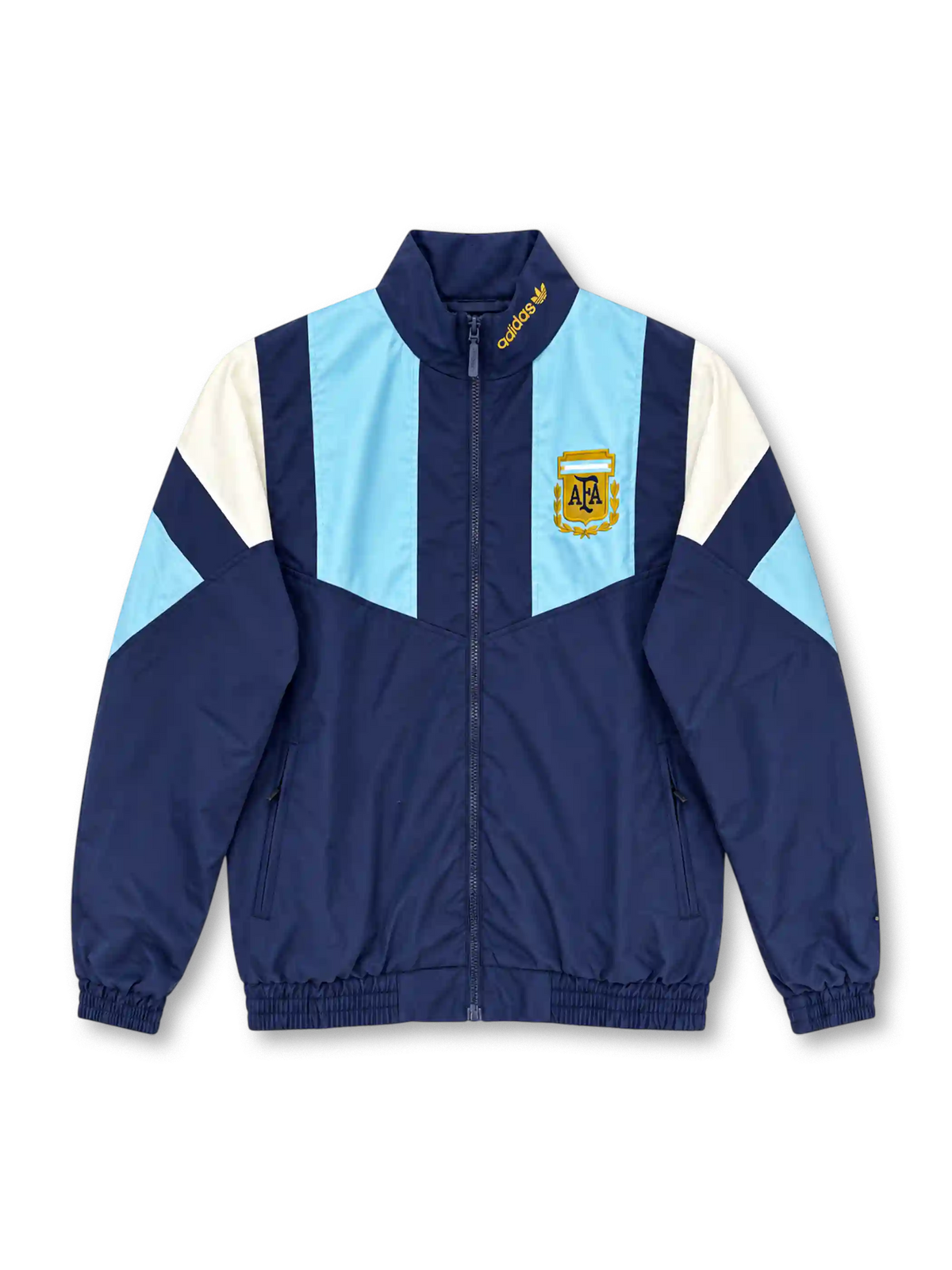 Front view of the Argentina 2026 adidas Originals EQT track jacket in navy blue with sky-blue chest panels, white geometric shoulder inserts, a gold AFA crest, gold adidas collar branding, full-length zipper, and elasticated cuffs.