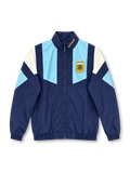 Front view of the Argentina 2026 adidas Originals EQT track jacket in navy blue with sky-blue chest panels, white geometric shoulder inserts, a gold AFA crest, gold adidas collar branding, full-length zipper, and elasticated cuffs.