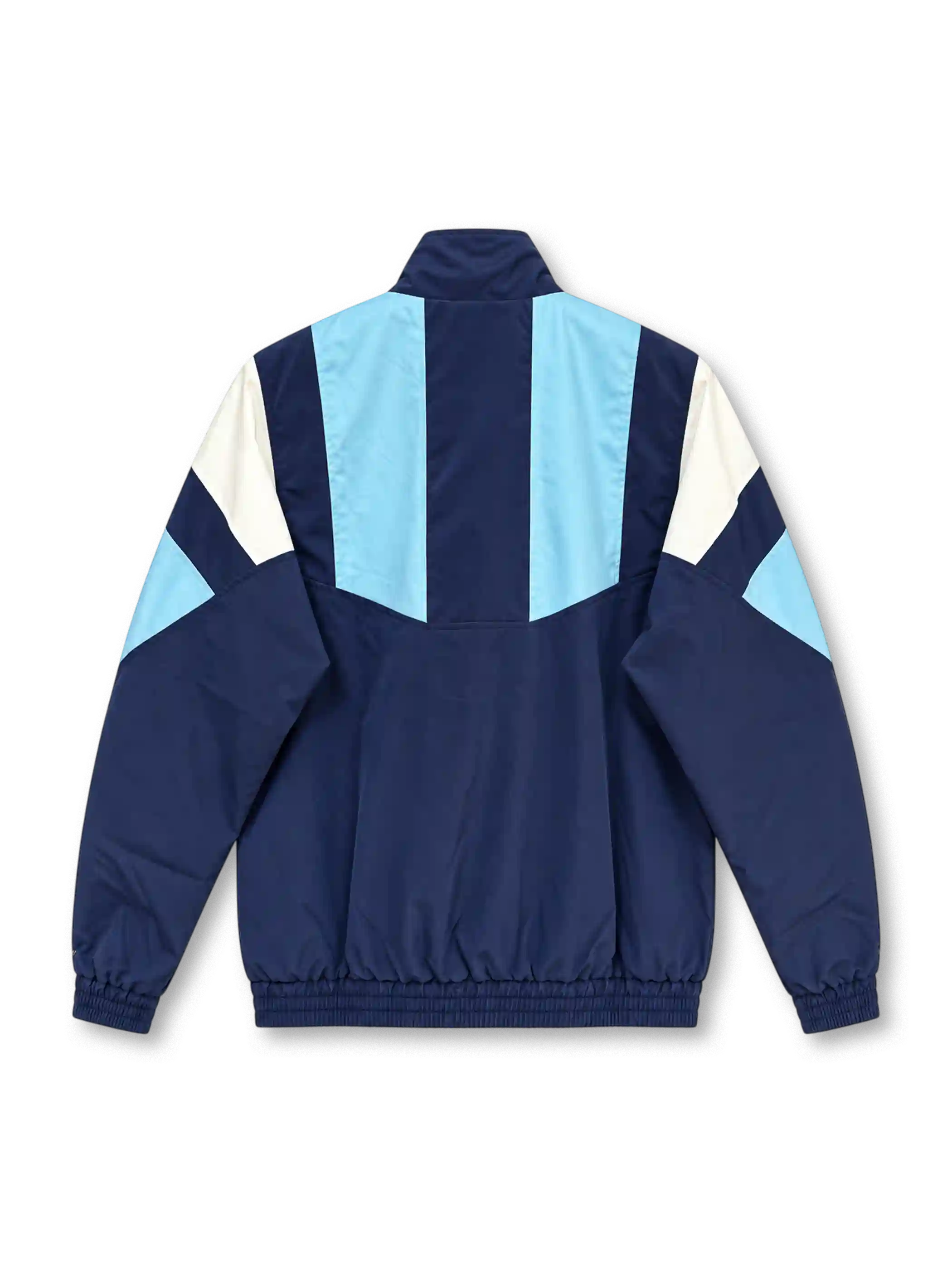 Front view of the Argentina 2026 adidas Originals EQT track jacket in navy blue with sky-blue chest panels, white geometric shoulder inserts, a gold AFA crest, gold adidas collar branding, full-length zipper, and elasticated cuffs.