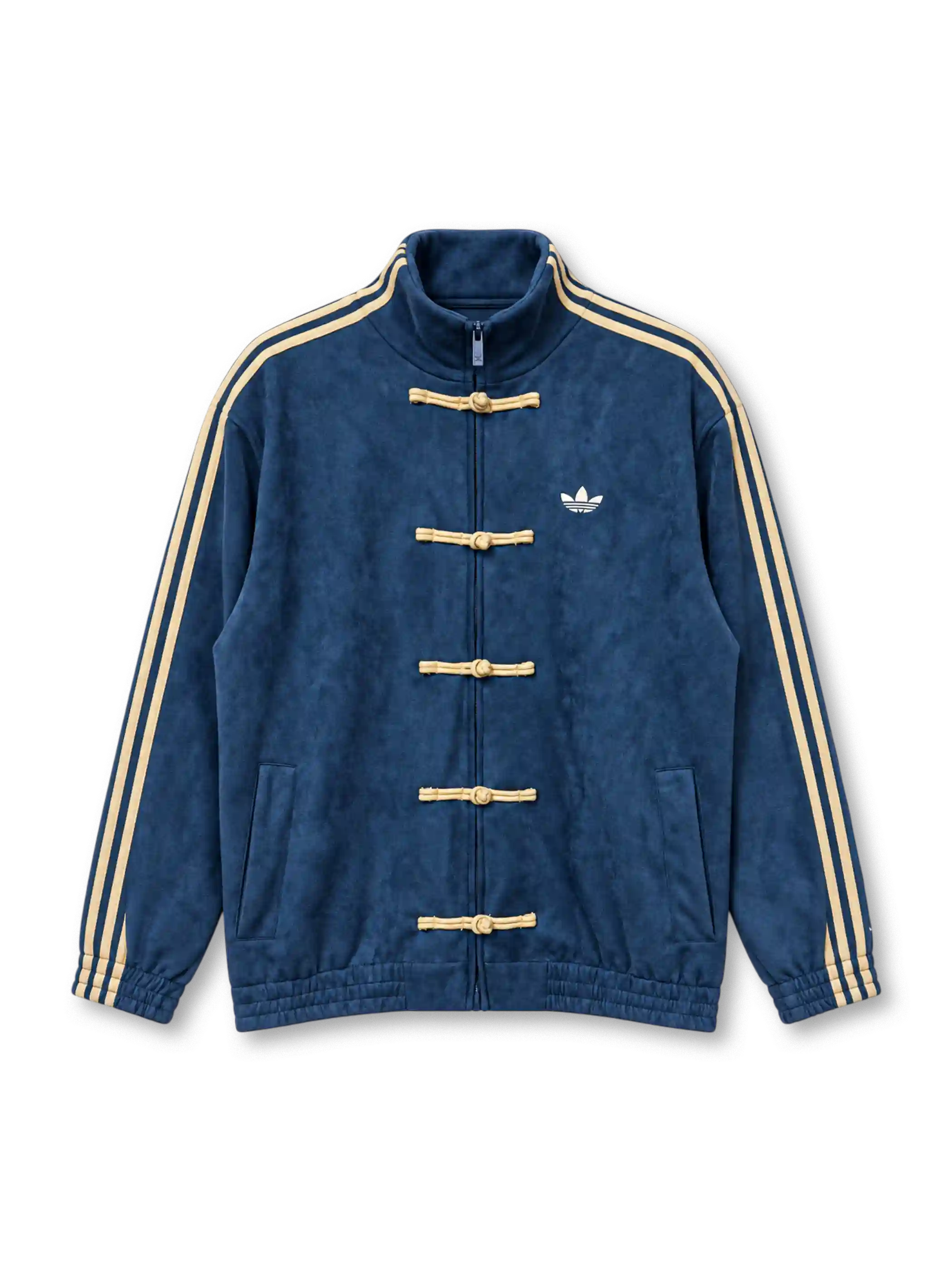 Front view of a navy blue adidas Originals Chinese-style track jacket with beige three-stripe sleeves, five beige frog-button details, a white Trefoil logo, high stand-up collar, full zipper, and elasticated cuffs.