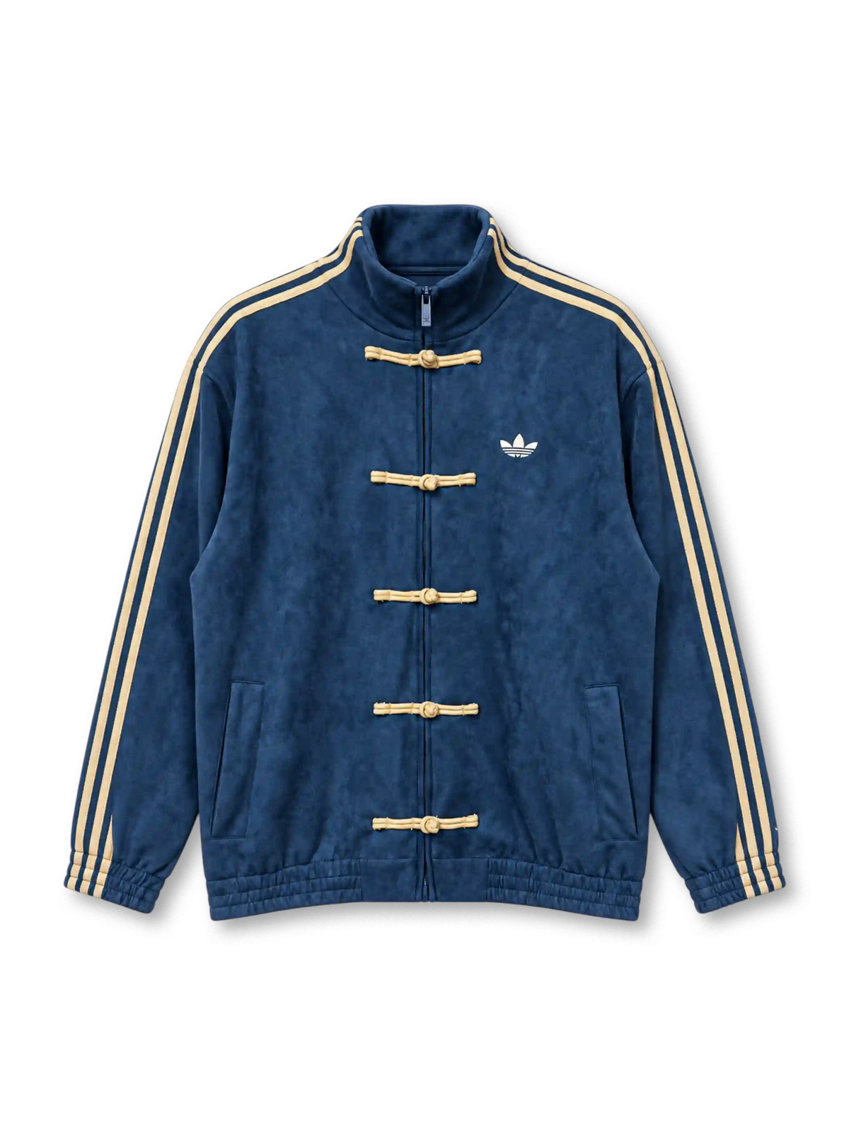 Front view of a navy blue adidas Originals Chinese-style track jacket with beige three-stripe sleeves, five beige frog-button details, a white Trefoil logo, high stand-up collar, full zipper, and elasticated cuffs.