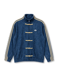 Front view of a navy blue adidas Originals Chinese-style track jacket with beige three-stripe sleeves, five beige frog-button details, a white Trefoil logo, high stand-up collar, full zipper, and elasticated cuffs.