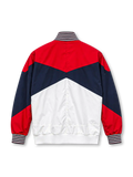 Front view of the England 2024/25 Nike Strike Anthem Jacket featuring a white body, red shoulders, navy sleeves, striped stand collar and cuffs, dark Nike Swoosh, Three Lions crest, full zipper, and zippered pockets.