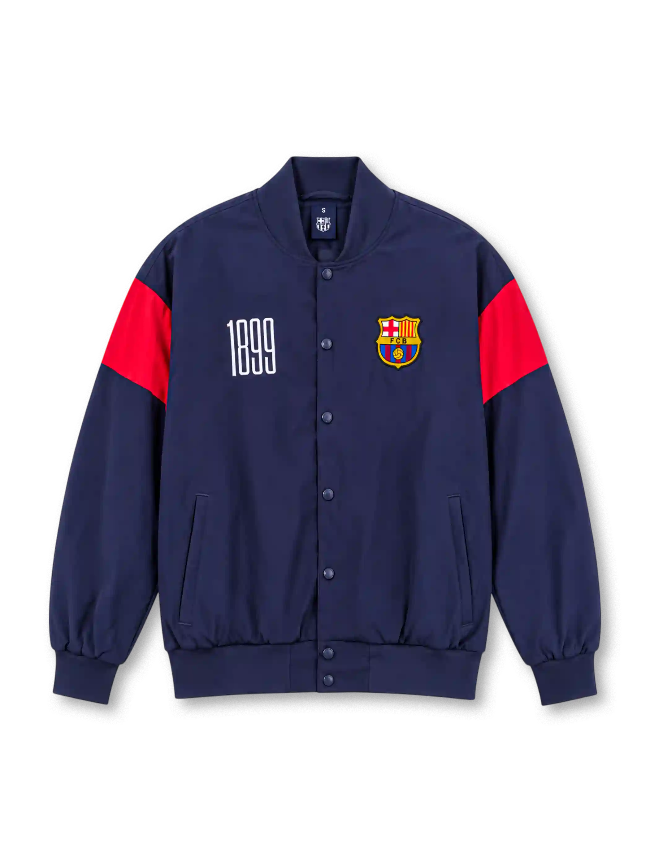 Front view of an FC Barcelona 1899 retro baseball jacket in navy blue with red upper sleeve panels, white 1899 chest graphic, full-color Barcelona crest, navy snap buttons, side pockets, and ribbed collar, cuffs, and hem.
