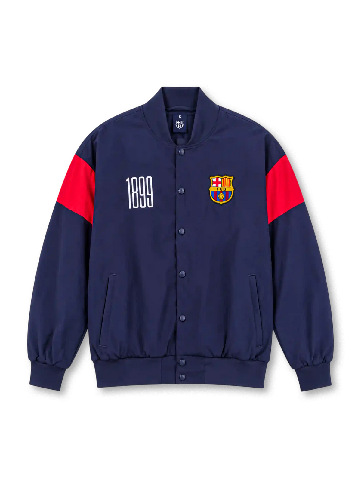 Front view of an FC Barcelona 1899 retro baseball jacket in navy blue with red upper sleeve panels, white 1899 chest graphic, full-color Barcelona crest, navy snap buttons, side pockets, and ribbed collar, cuffs, and hem.