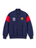 Front view of an FC Barcelona 1899 retro baseball jacket in navy blue with red upper sleeve panels, white 1899 chest graphic, full-color Barcelona crest, navy snap buttons, side pockets, and ribbed collar, cuffs, and hem.