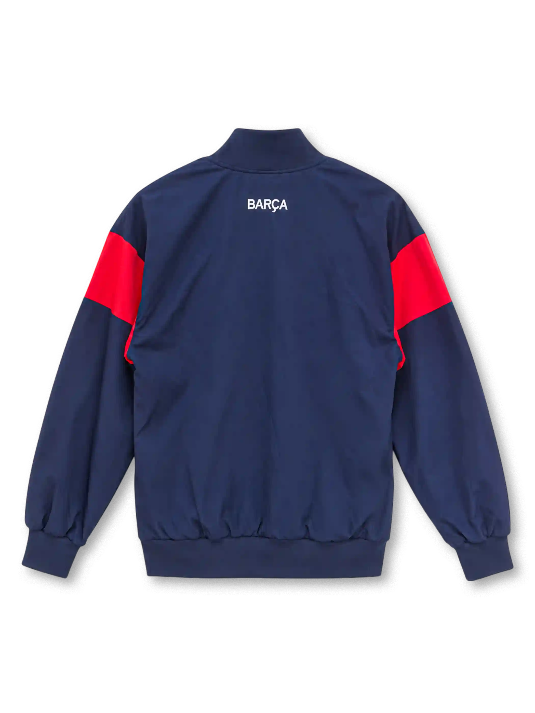 Front view of an FC Barcelona 1899 retro baseball jacket in navy blue with red upper sleeve panels, white 1899 chest graphic, full-color Barcelona crest, navy snap buttons, side pockets, and ribbed collar, cuffs, and hem.