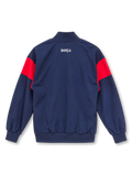 Front view of an FC Barcelona 1899 retro baseball jacket in navy blue with red upper sleeve panels, white 1899 chest graphic, full-color Barcelona crest, navy snap buttons, side pockets, and ribbed collar, cuffs, and hem.