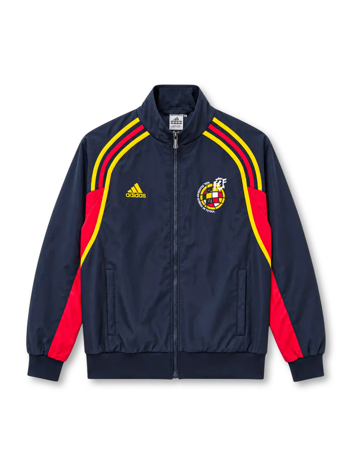 Front view of the Spain 2026 adidas EQT track jacket in navy blue with curved red and yellow shoulder stripes, yellow adidas chest logo, retro Spanish Football Federation crest, stand-up collar, full-length zipper, and ribbed cuffs.