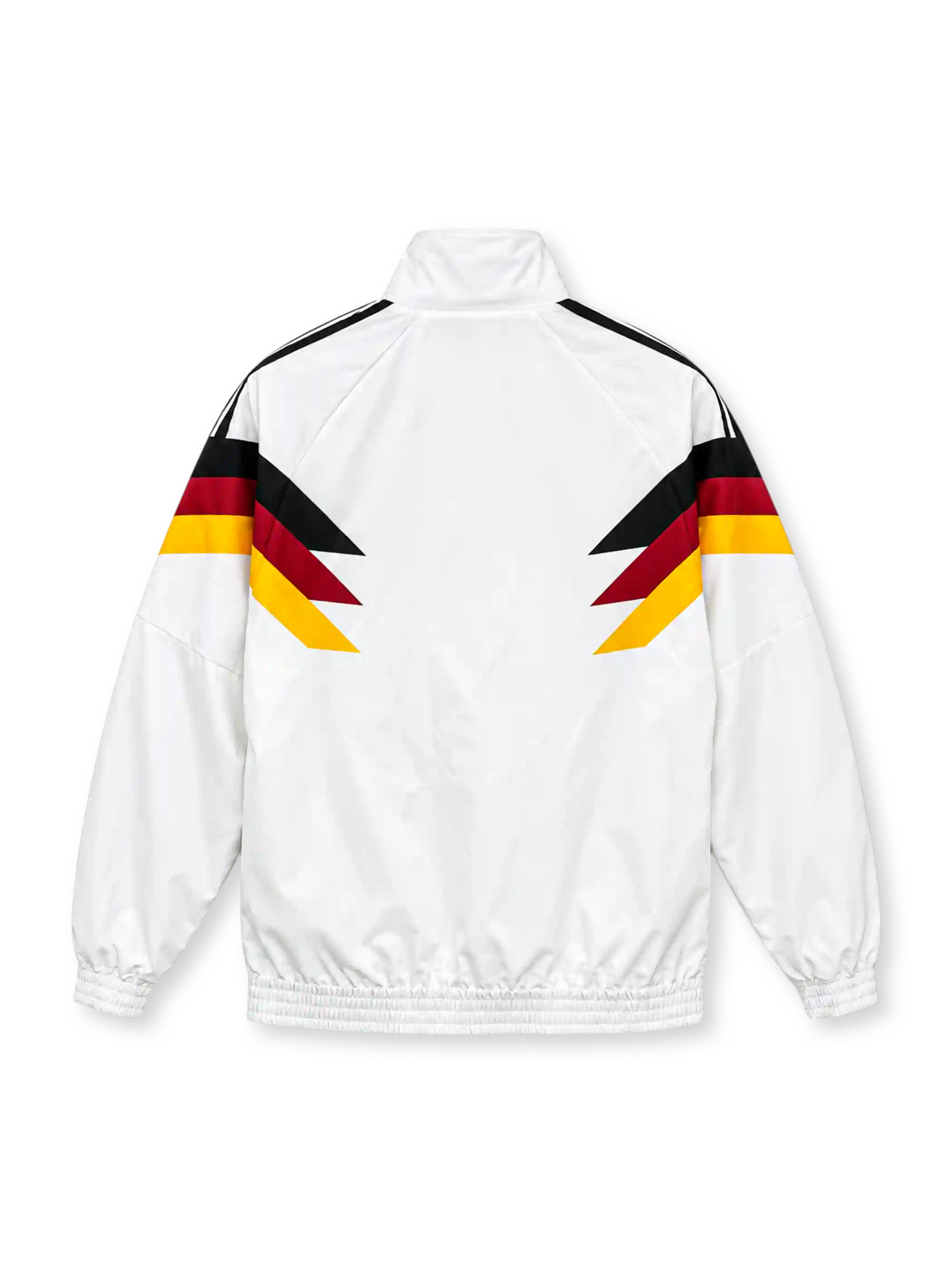 Front view of a white Germany 1990 World Cup retro track jacket featuring black, red, and gold chevron graphics across the chest and sleeves, a black adidas Trefoil logo, circular DFB crest, stand-up collar, full zipper, and elasticated cuffs.