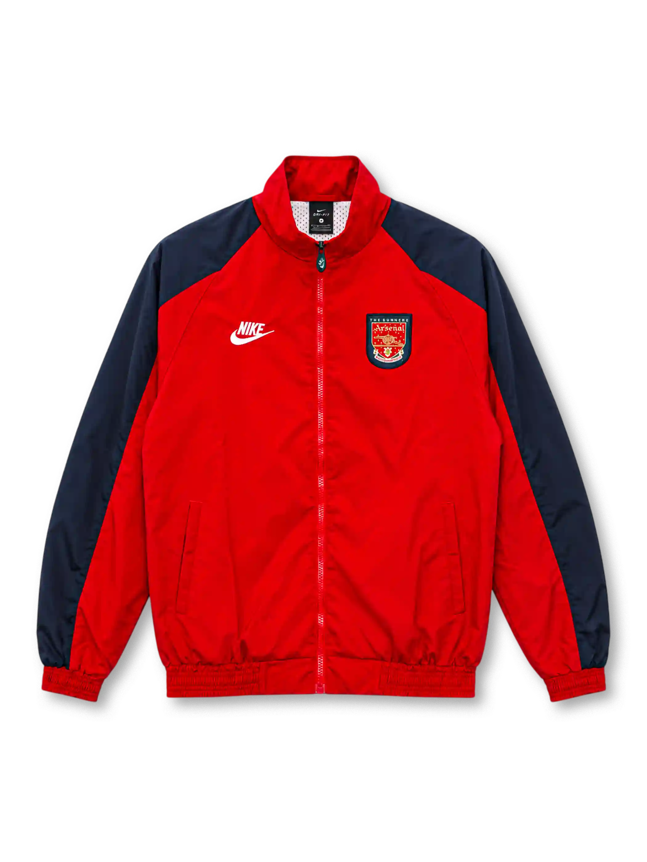 Front view of the Arsenal 1996/97 retro track jacket featuring a red body, navy shoulder and sleeve panels, white Nike logo, vintage Gunners shield crest, high stand-up collar, front zipper, two side pockets, and elasticated cuffs.