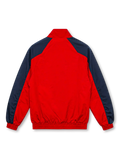 Front view of the Arsenal 1996/97 retro track jacket featuring a red body, navy shoulder and sleeve panels, white Nike logo, vintage Gunners shield crest, high stand-up collar, front zipper, two side pockets, and elasticated cuffs.