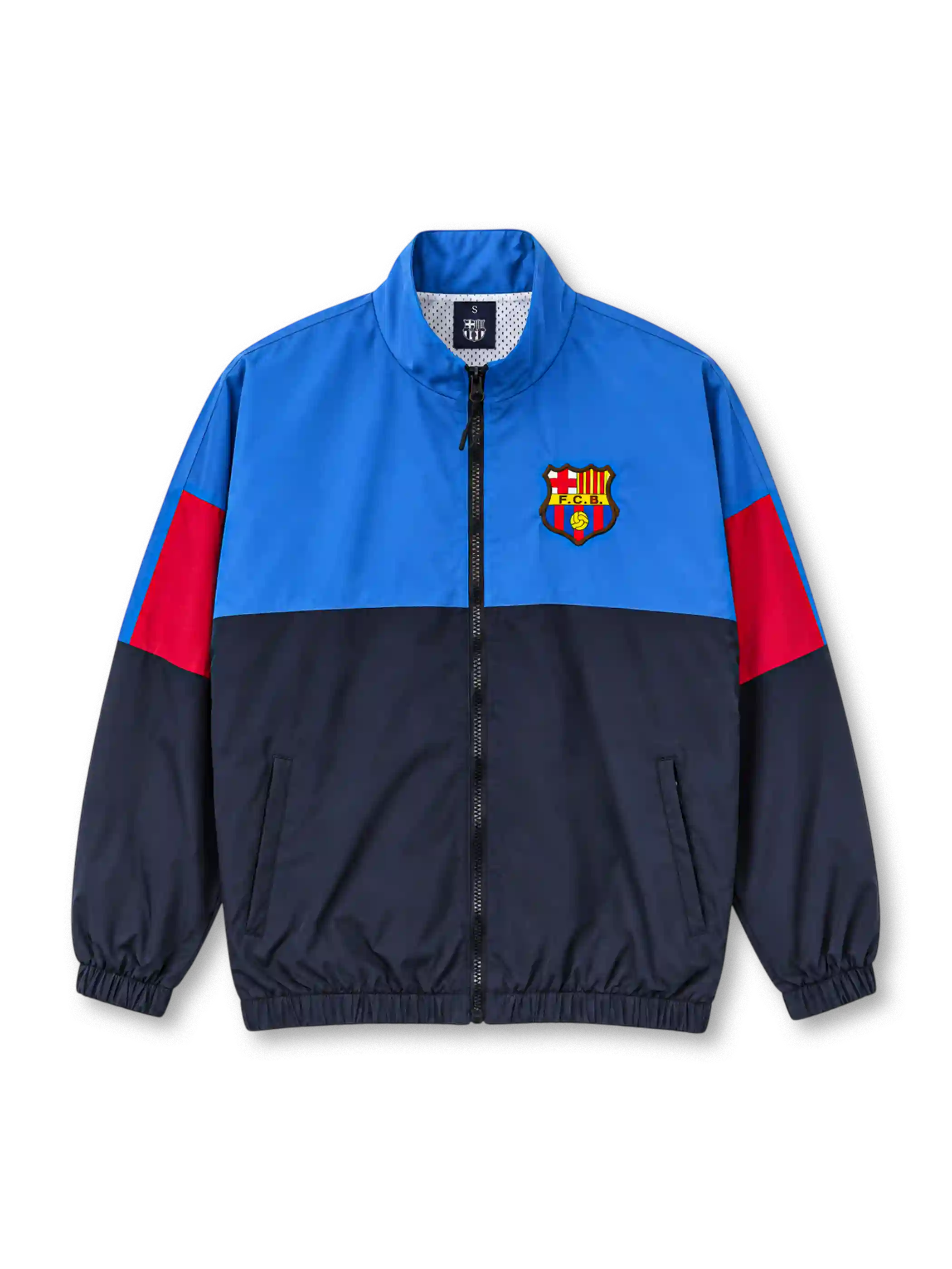 Front view of the FC Barcelona 1899 vintage track jacket featuring an electric blue upper body, navy lower panels, red sleeve accents, embroidered-style Barcelona crest, high stand-up collar, black front zipper, side pockets, and elasticated cuffs.