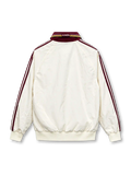 Front view of the Spain 2026 adidas Originals away anthem jacket in off white with burgundy shoulder stripes, burgundy fold-over collar, gold trim, Trefoil logo, Spanish federation crest with one star, front zipper, and ribbed cuffs.