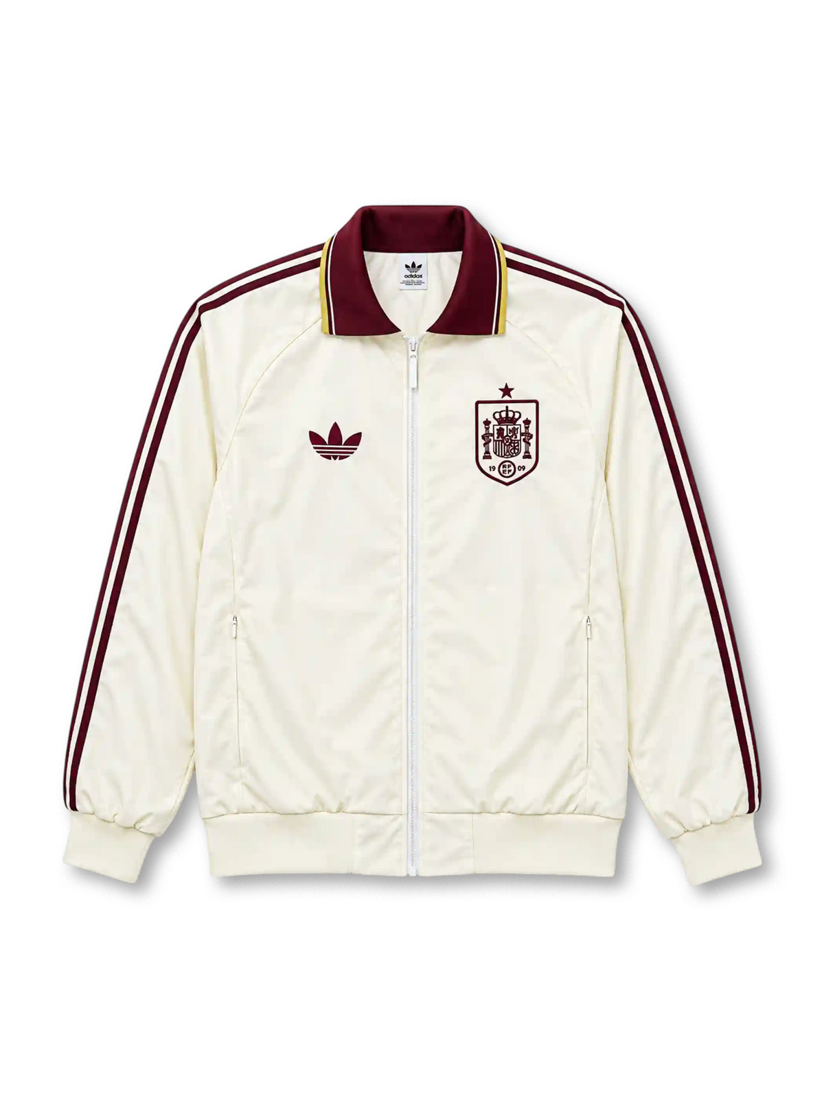 Front view of the Spain 2026 adidas Originals away anthem jacket in off white with burgundy shoulder stripes, burgundy fold-over collar, gold trim, Trefoil logo, Spanish federation crest with one star, front zipper, and ribbed cuffs.