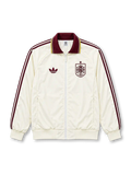 Front view of the Spain 2026 adidas Originals away anthem jacket in off white with burgundy shoulder stripes, burgundy fold-over collar, gold trim, Trefoil logo, Spanish federation crest with one star, front zipper, and ribbed cuffs.