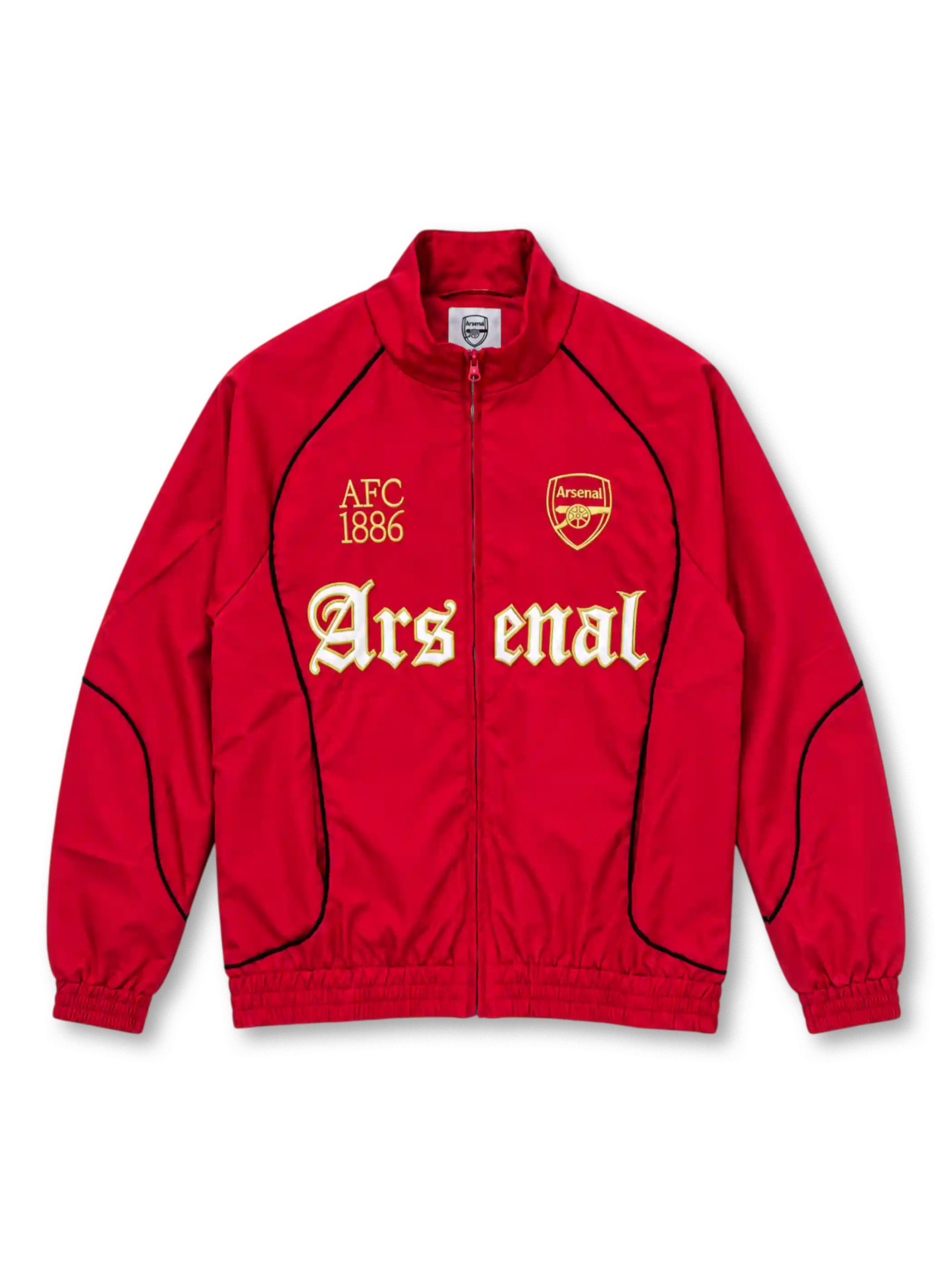 Front view of the dark red Arsenal FC graphic mock-neck jacket featuring gold AFC 1886 lettering, a gold Arsenal crest, large white and gold Gothic-style Arsenal typography, black curved piping, a stand-up collar, full zipper, and elasticated cuffs.