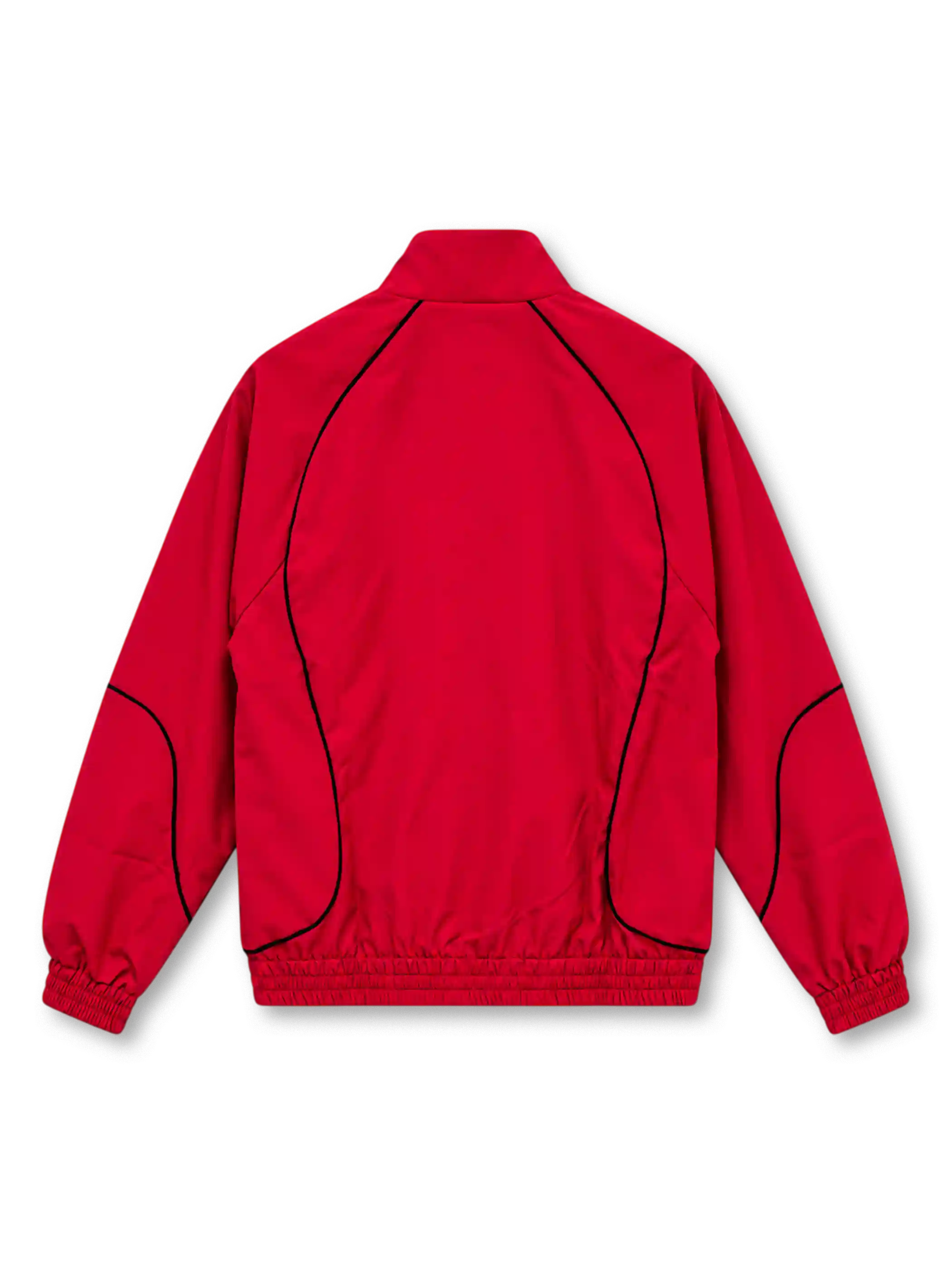 Front view of the dark red Arsenal FC graphic mock-neck jacket featuring gold AFC 1886 lettering, a gold Arsenal crest, large white and gold Gothic-style Arsenal typography, black curved piping, a stand-up collar, full zipper, and elasticated cuffs.