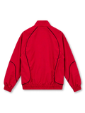 Front view of the dark red Arsenal FC graphic mock-neck jacket featuring gold AFC 1886 lettering, a gold Arsenal crest, large white and gold Gothic-style Arsenal typography, black curved piping, a stand-up collar, full zipper, and elasticated cuffs.