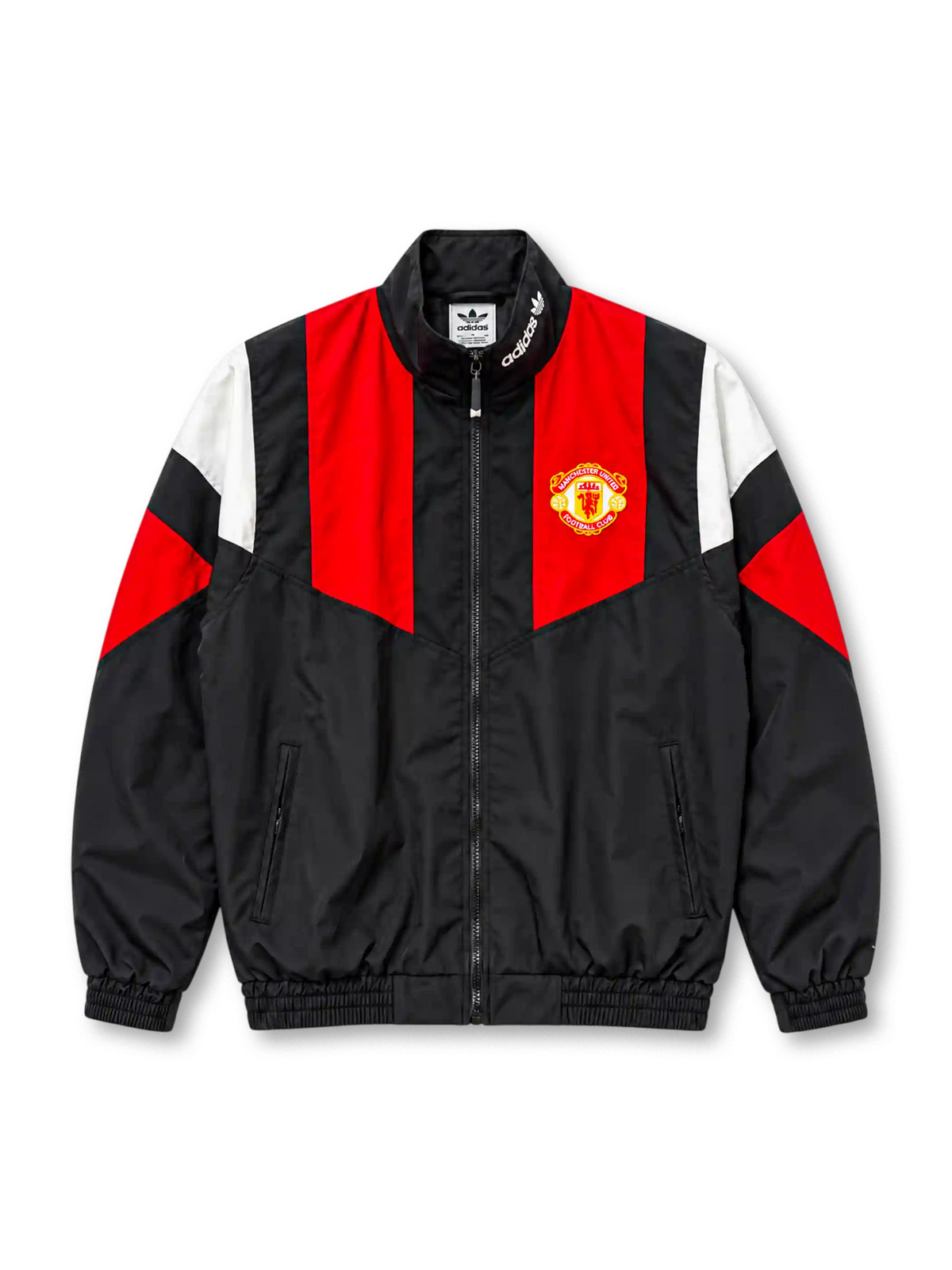 Front view of the Manchester United adidas Originals EQT track jacket in black with red chest panels, white and red geometric sleeve accents, club crest, white adidas Trefoil collar branding, full-length zipper, zippered pockets, and elasticated cuffs.