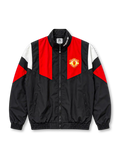 Front view of the Manchester United adidas Originals EQT track jacket in black with red chest panels, white and red geometric sleeve accents, club crest, white adidas Trefoil collar branding, full-length zipper, zippered pockets, and elasticated cuffs.