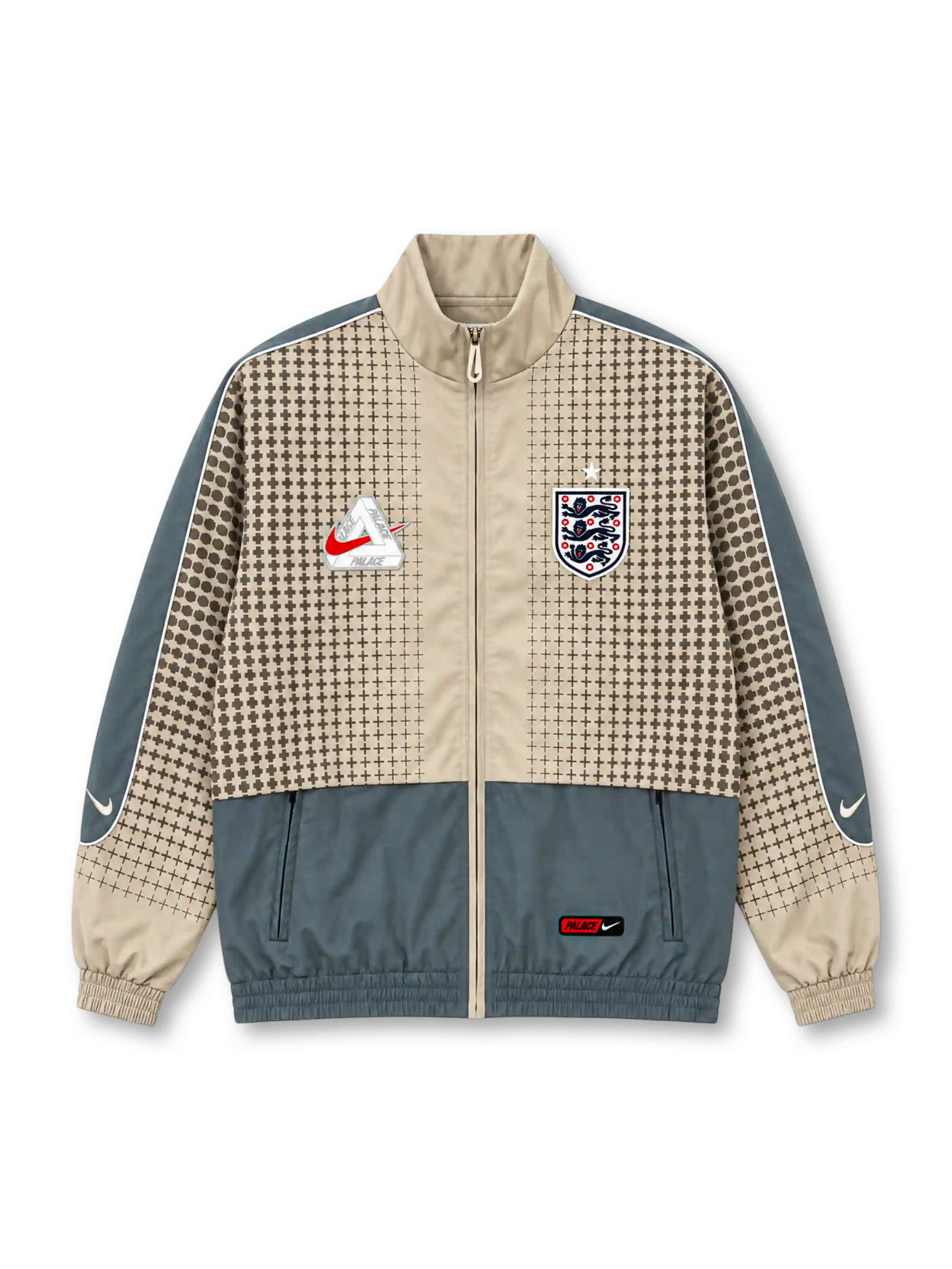 Front view of the England 2026 Nike x Palace track jacket in light grey and slate grey, featuring an all-over cross pattern, co-branded Nike Palace chest emblem, Three Lions crest, white piping, full zipper, front pockets, and elasticated cuffs.