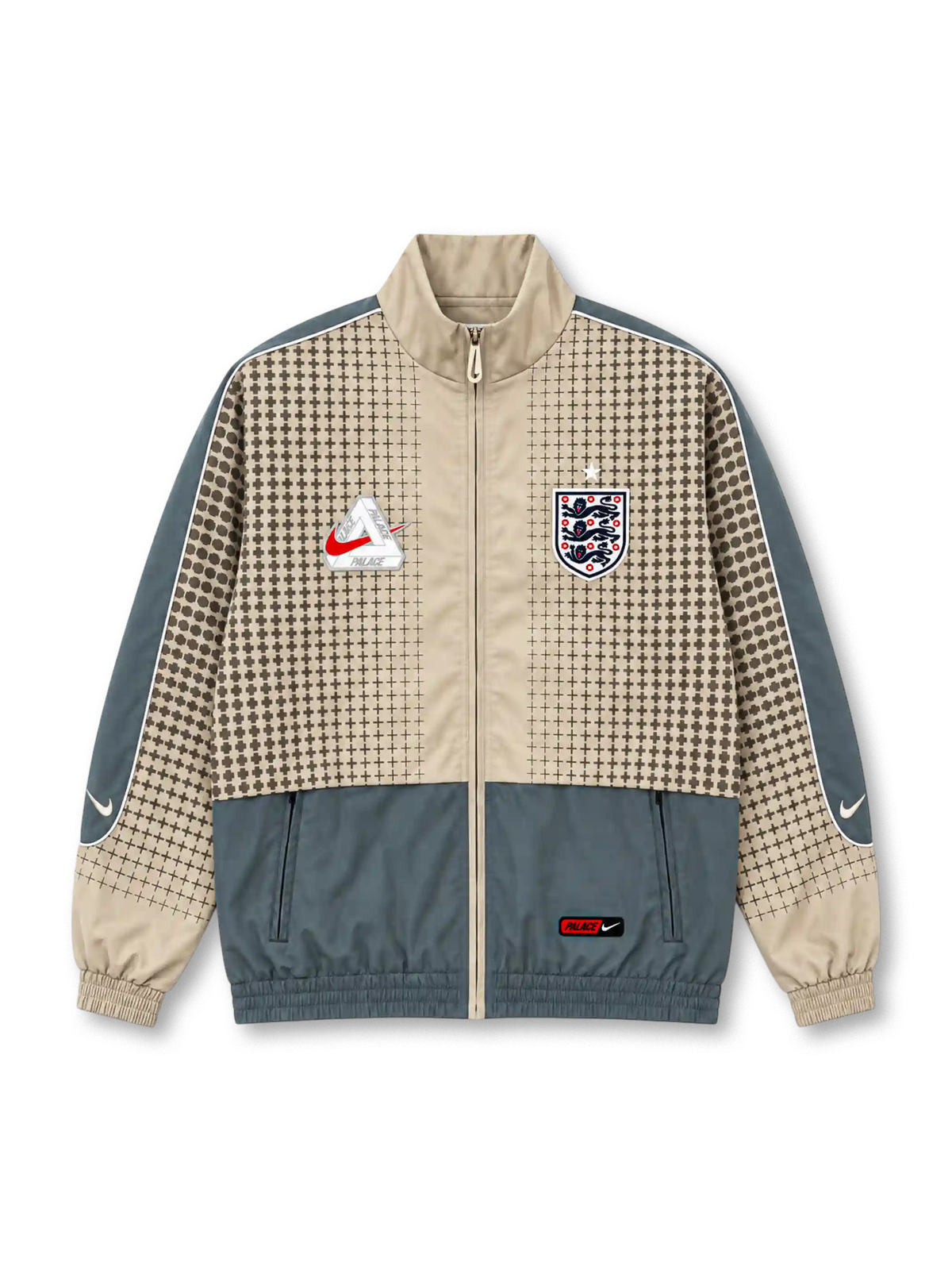 Front view of the England 2026 Nike x Palace track jacket in light grey and slate grey, featuring an all-over cross pattern, co-branded Nike Palace chest emblem, Three Lions crest, white piping, full zipper, front pockets, and elasticated cuffs.