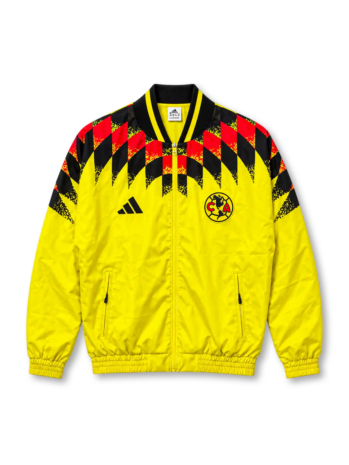 Front view of the adidas Club América 2026/27 Stadium Track Top in bright yellow, featuring a red and black geometric graphic across the shoulders and chest, black adidas performance logo, Club América crest, contrasting V-neck collar, full-length zipper, and zippered front pockets.