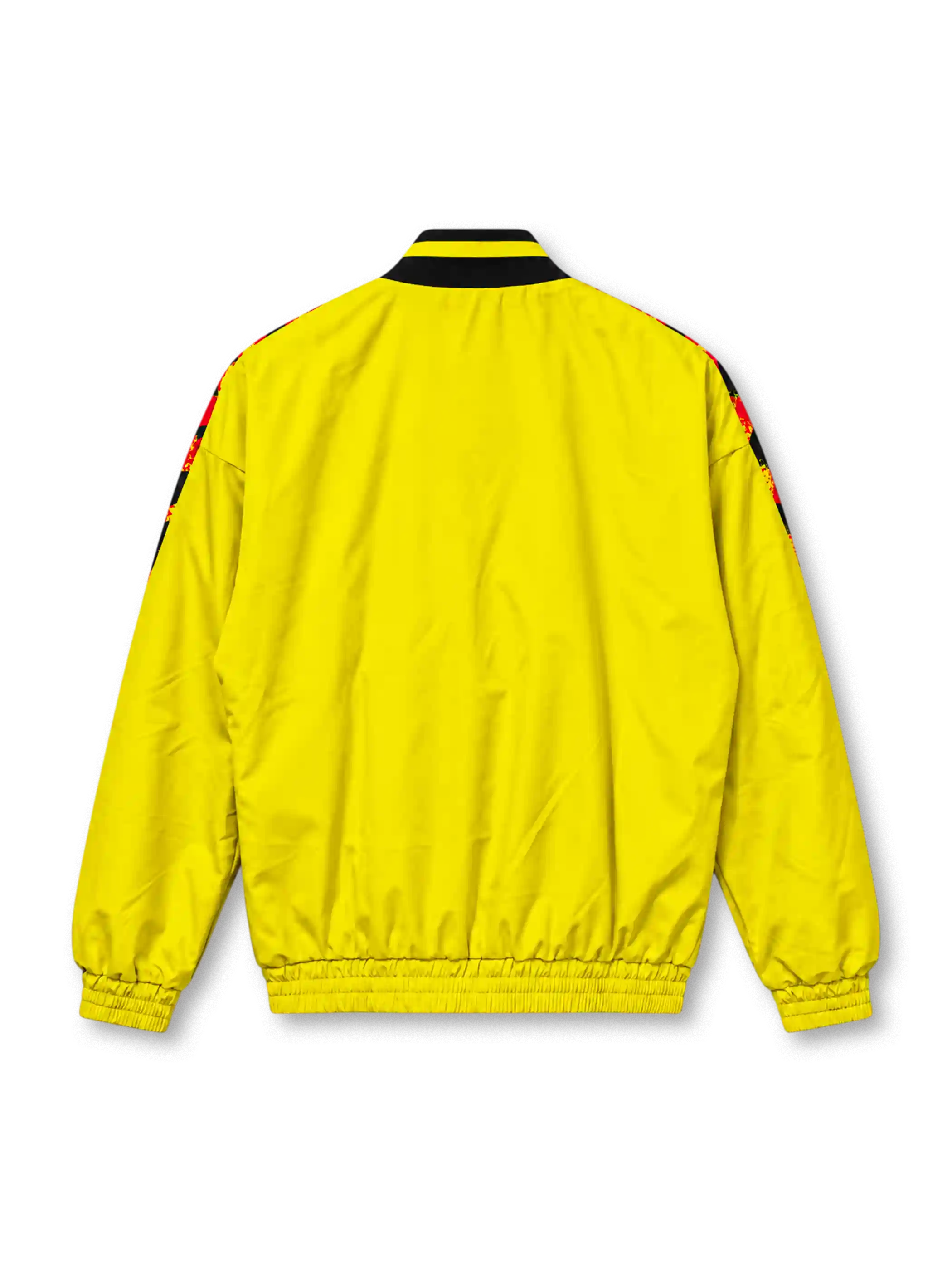 Front view of the adidas Club América 2026/27 Stadium Track Top in bright yellow, featuring a red and black geometric graphic across the shoulders and chest, black adidas performance logo, Club América crest, contrasting V-neck collar, full-length zipper, and zippered front pockets.