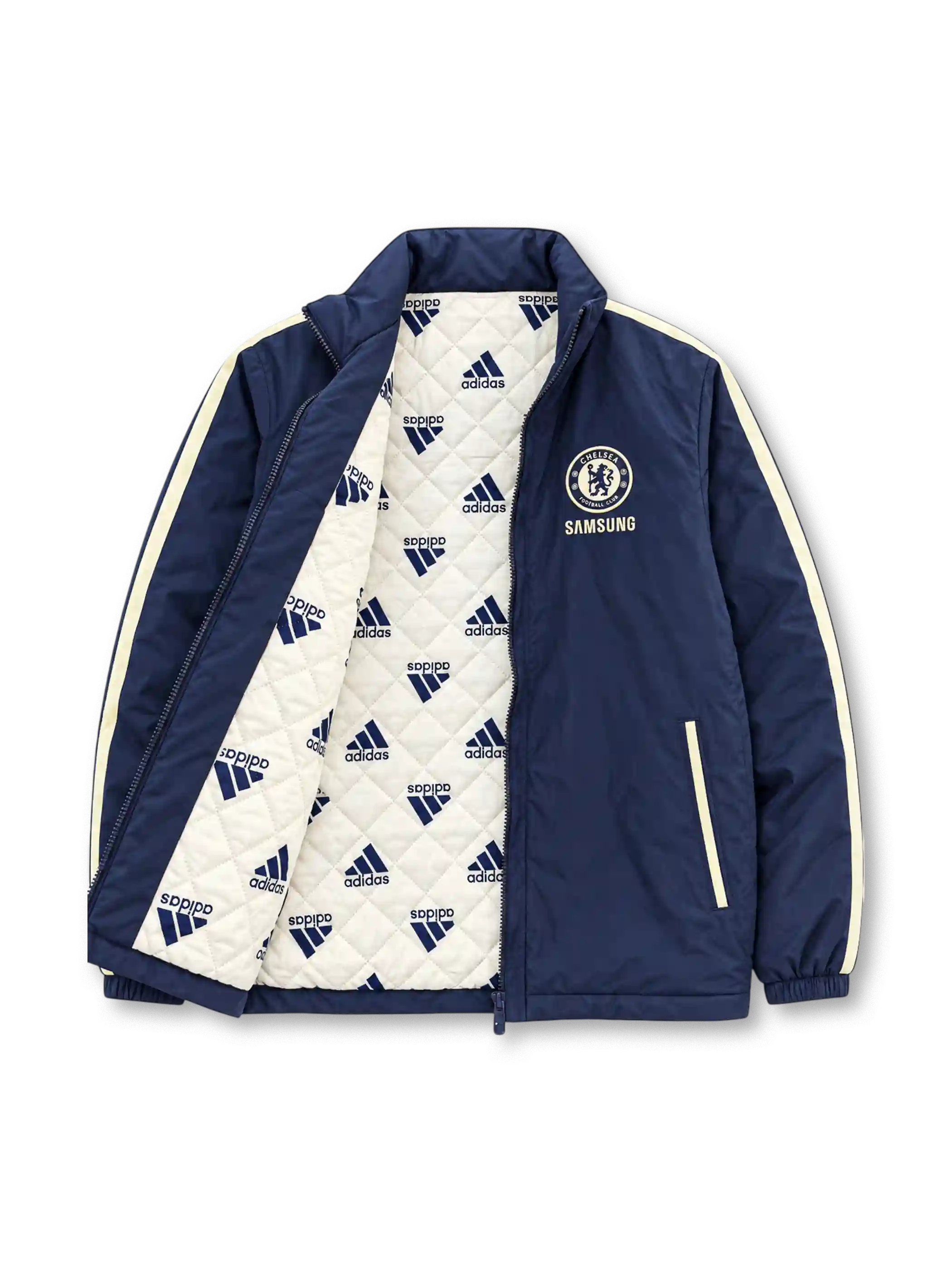 Front view of the Chelsea FC 2012/13 adidas navy blue padded jacket featuring cream-white triple stripes along the sleeves, embroidered Chelsea crest, Samsung sponsor logo, adidas performance branding, high stand-up collar, and two front zippered pockets.