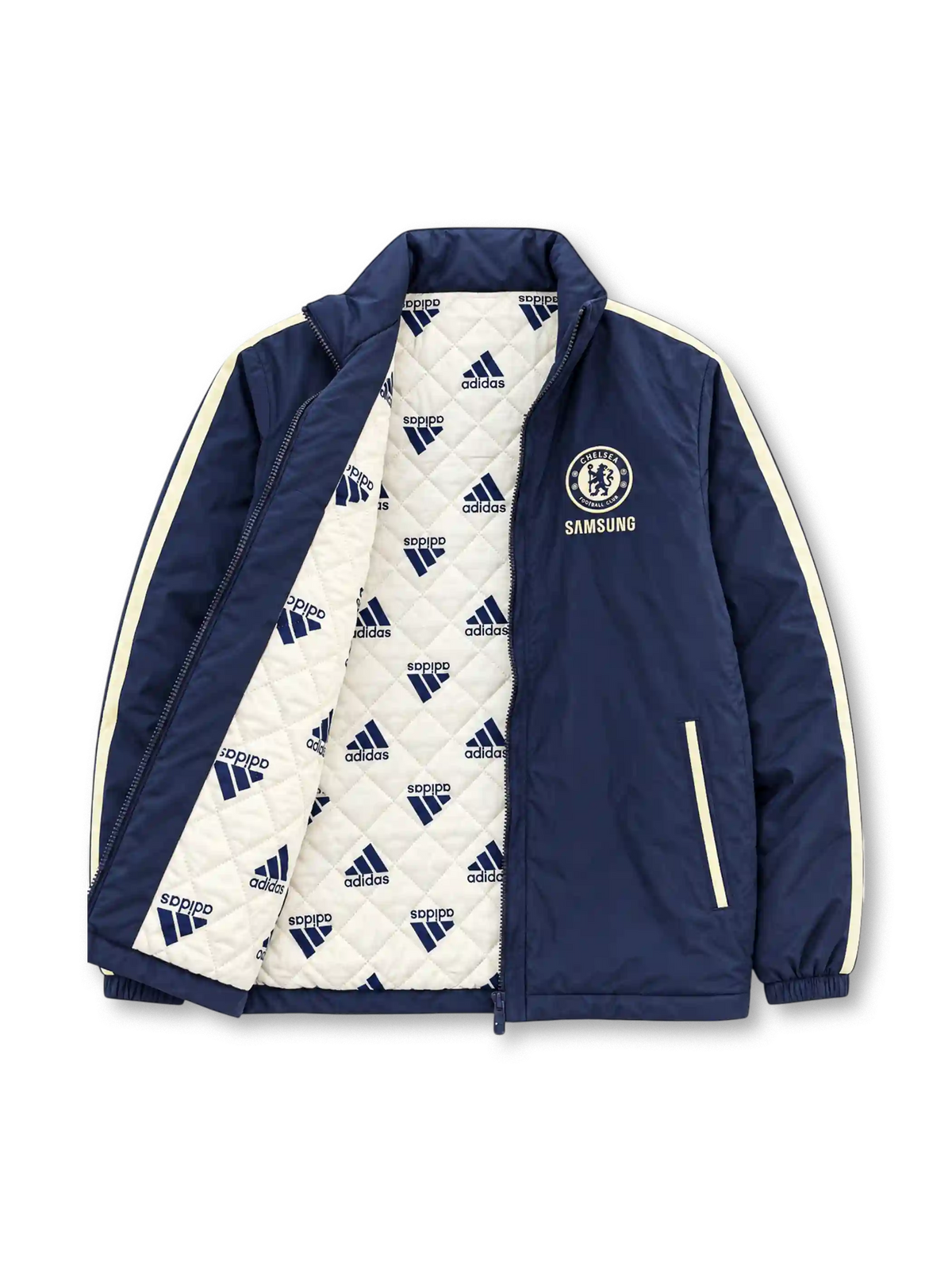 Front view of the Chelsea FC 2012/13 adidas navy blue padded jacket featuring cream-white triple stripes along the sleeves, embroidered Chelsea crest, Samsung sponsor logo, adidas performance branding, high stand-up collar, and two front zippered pockets.