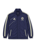 Front view of the Chelsea FC 2012/13 adidas navy blue padded jacket featuring cream-white triple stripes along the sleeves, embroidered Chelsea crest, Samsung sponsor logo, adidas performance branding, high stand-up collar, and two front zippered pockets.