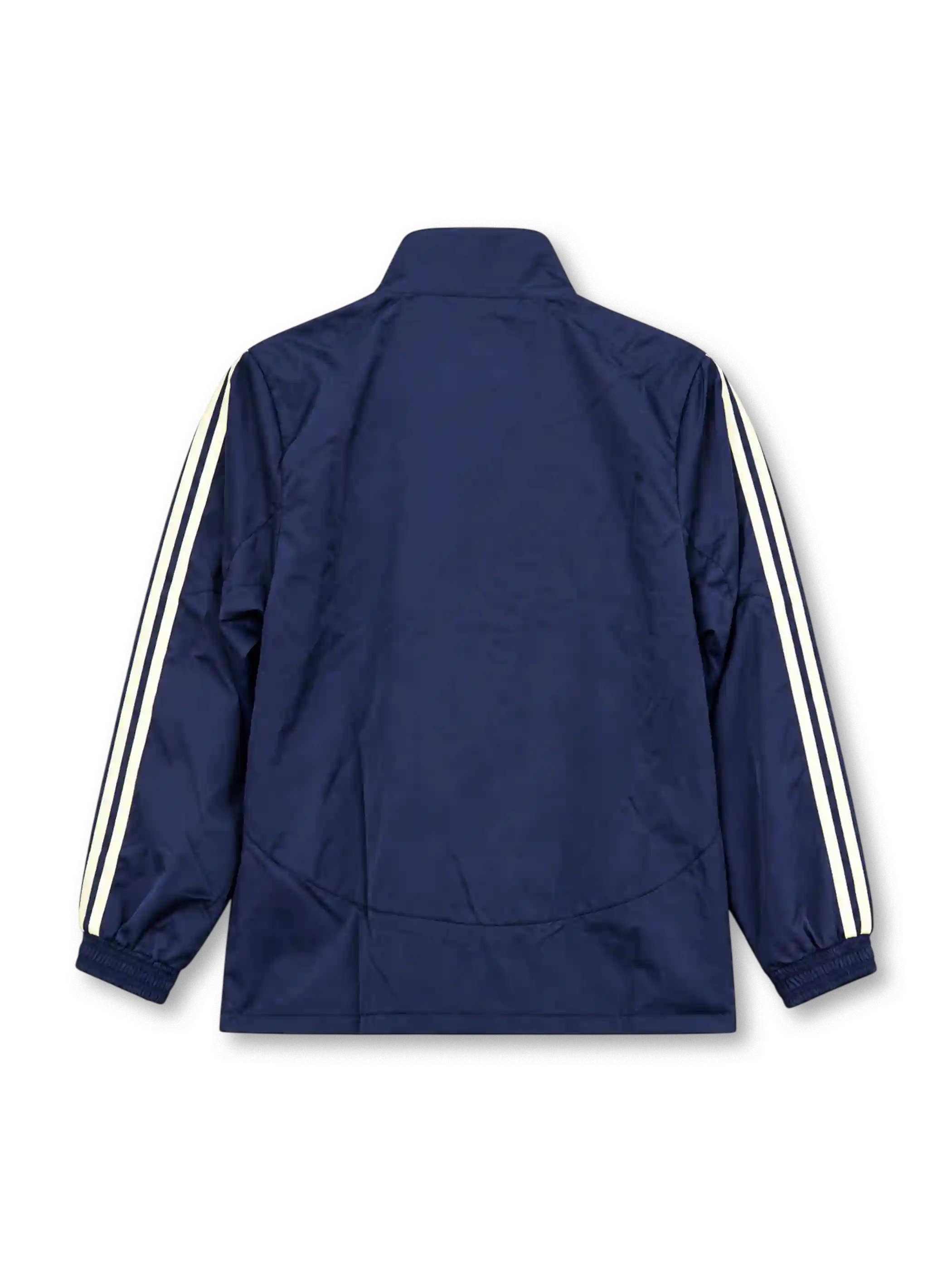 Front view of the Chelsea FC 2012/13 adidas navy blue padded jacket featuring cream-white triple stripes along the sleeves, embroidered Chelsea crest, Samsung sponsor logo, adidas performance branding, high stand-up collar, and two front zippered pockets.