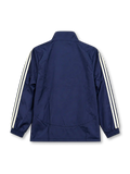 Front view of the Chelsea FC 2012/13 adidas navy blue padded jacket featuring cream-white triple stripes along the sleeves, embroidered Chelsea crest, Samsung sponsor logo, adidas performance branding, high stand-up collar, and two front zippered pockets.