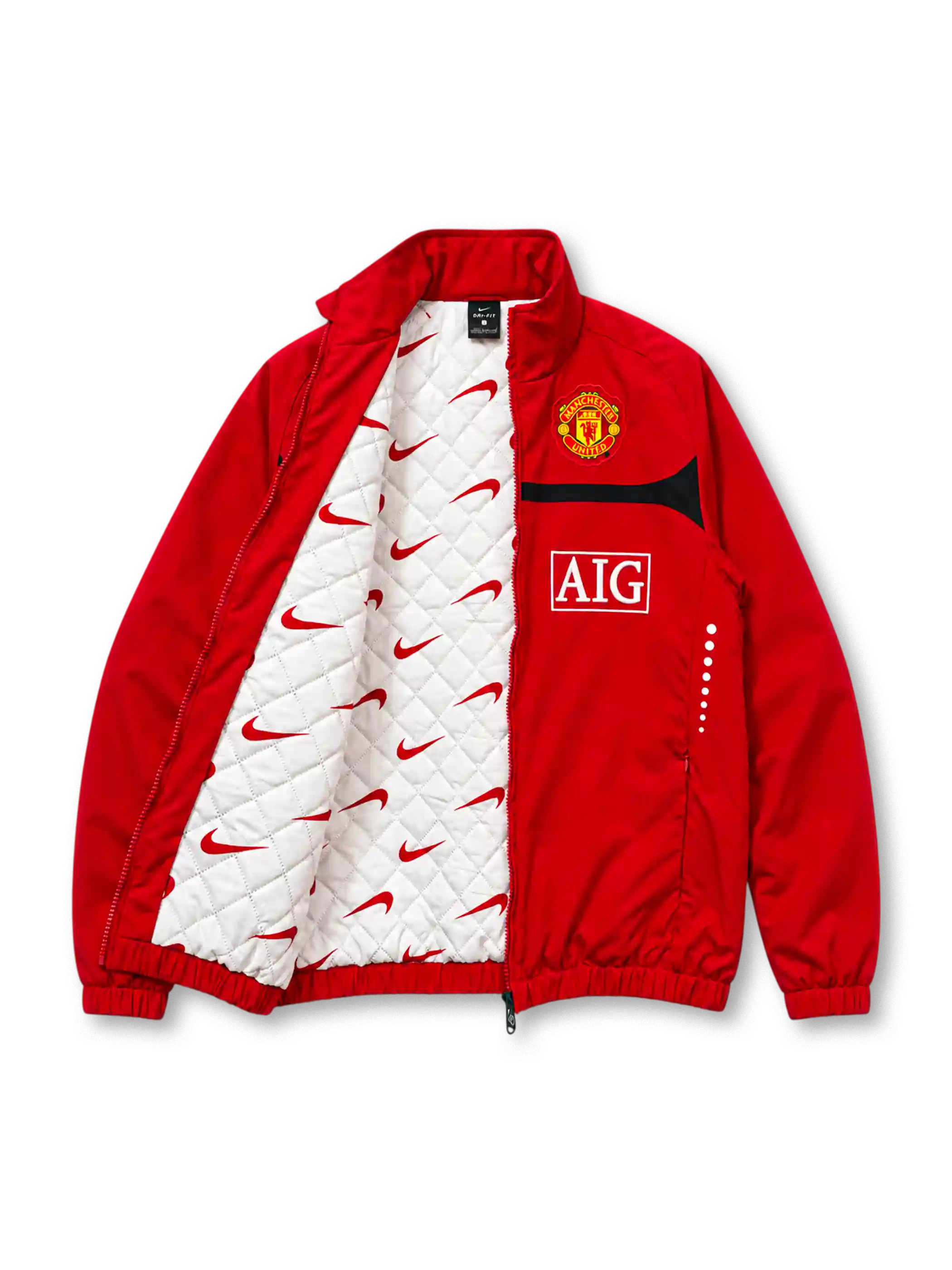 Front view of the Manchester United 2009/10 Nike red track jacket featuring a curved black chest stripe, white Nike Swoosh, Manchester United club crest, AIG sponsor logo, high collar, full-length front zipper, and two zippered pockets.