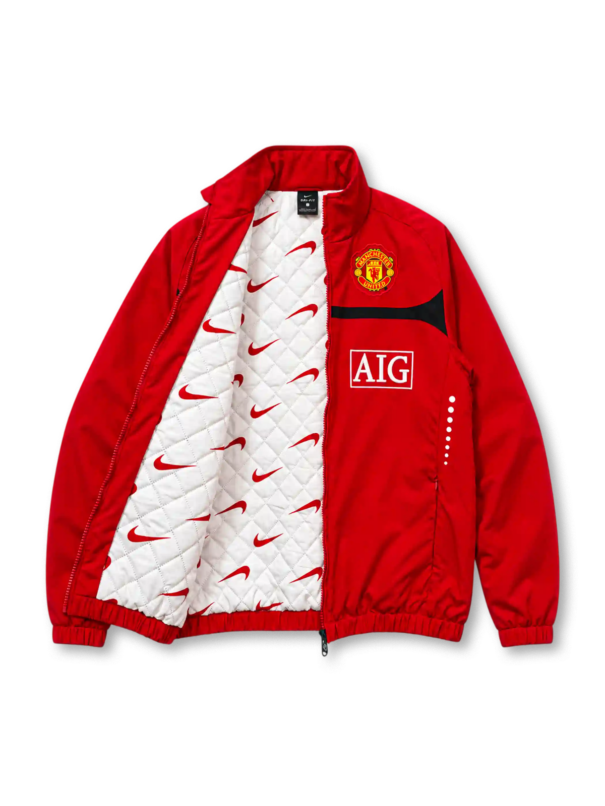 Front view of the Manchester United 2009/10 Nike red track jacket featuring a curved black chest stripe, white Nike Swoosh, Manchester United club crest, AIG sponsor logo, high collar, full-length front zipper, and two zippered pockets.