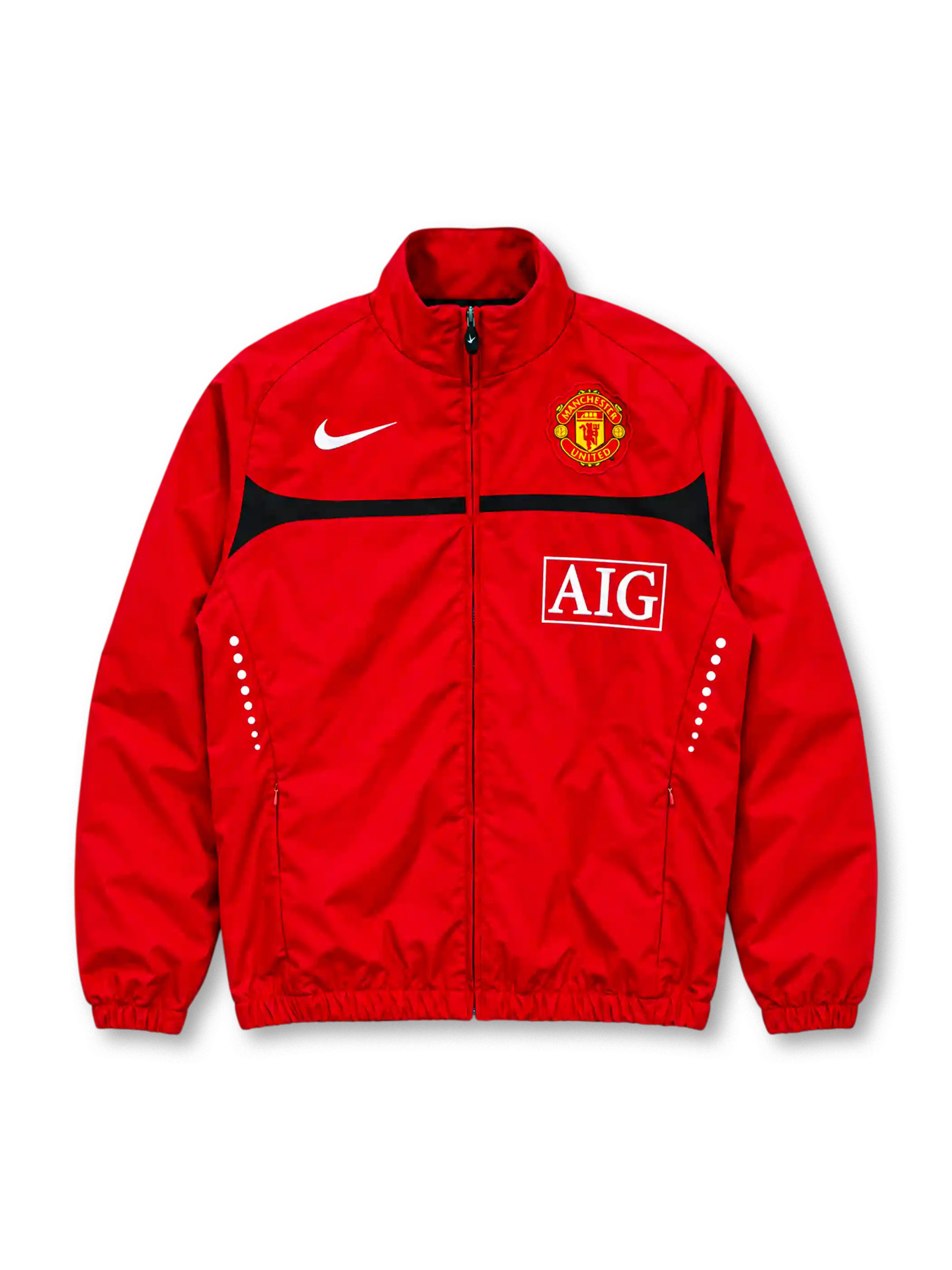 Front view of the Manchester United 2009/10 Nike red track jacket featuring a curved black chest stripe, white Nike Swoosh, Manchester United club crest, AIG sponsor logo, high collar, full-length front zipper, and two zippered pockets.