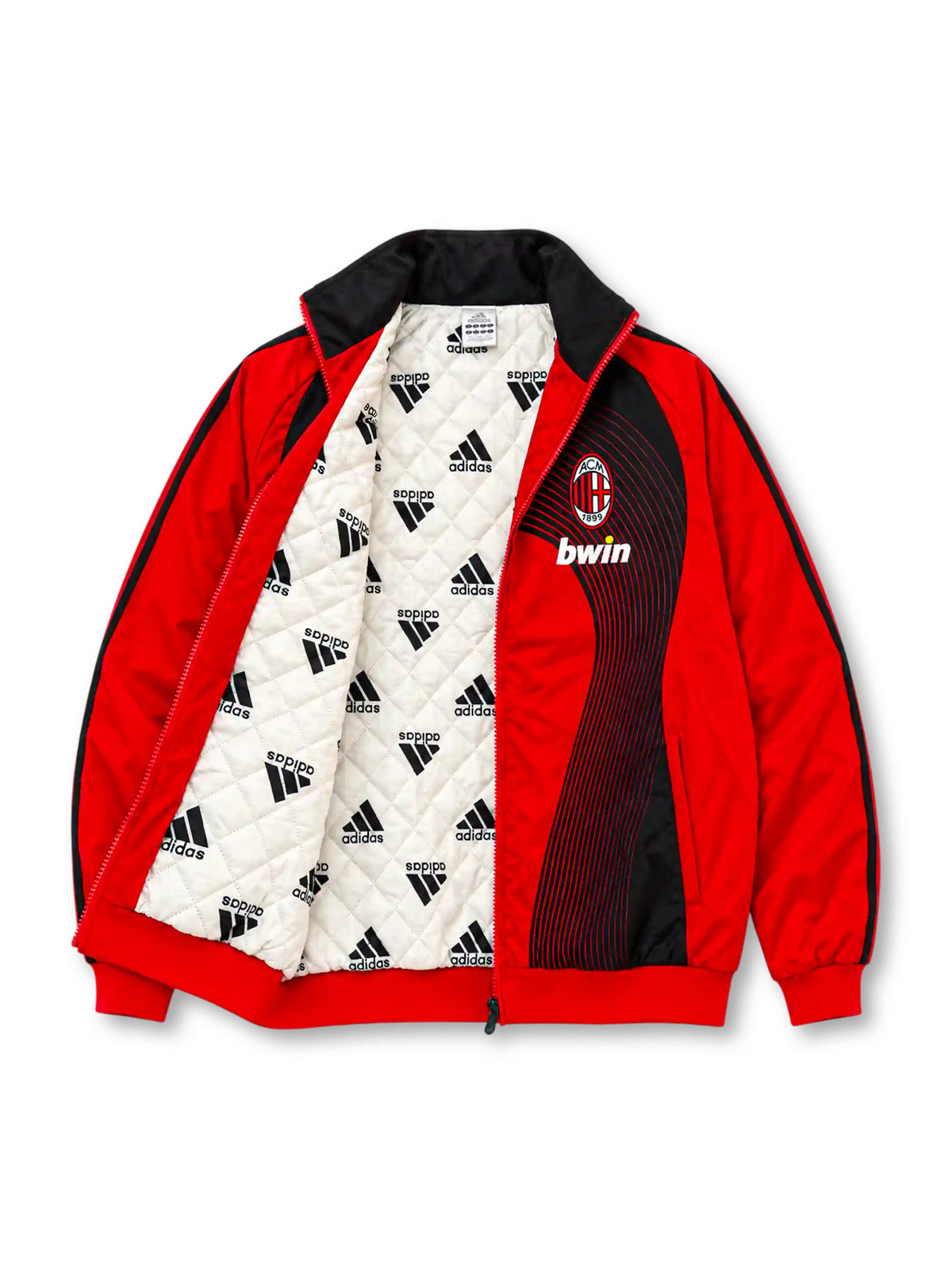 Front view of the AC Milan 2006/07 adidas red and black track jacket featuring a curved black line graphic, AC Milan club crest, white adidas performance logo, bwin sponsor branding, three-stripe sleeves, stand-up collar, and full-length front zipper.