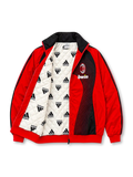 Front view of the AC Milan 2006/07 adidas red and black track jacket featuring a curved black line graphic, AC Milan club crest, white adidas performance logo, bwin sponsor branding, three-stripe sleeves, stand-up collar, and full-length front zipper.