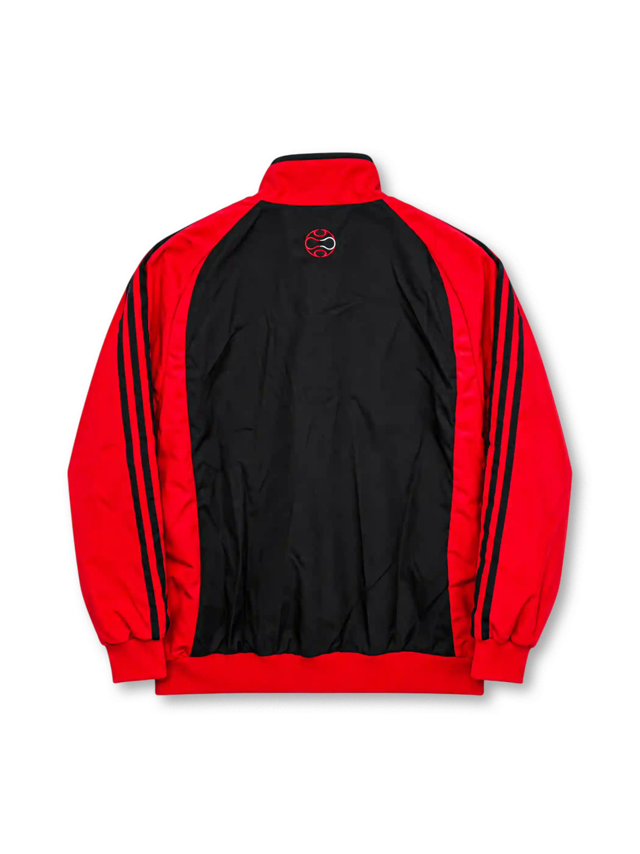 Front view of the AC Milan 2006/07 adidas red and black track jacket featuring a curved black line graphic, AC Milan club crest, white adidas performance logo, bwin sponsor branding, three-stripe sleeves, stand-up collar, and full-length front zipper.