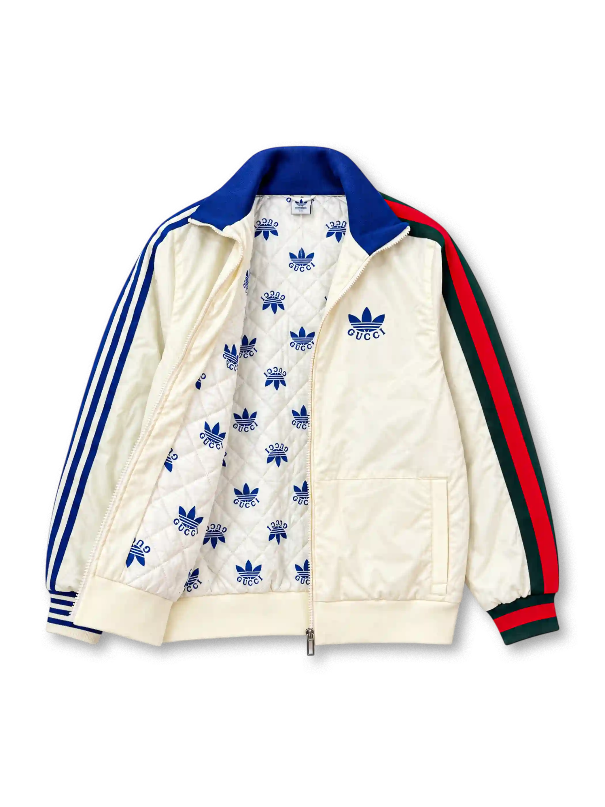 Front view of the off-white adidas x Gucci track jacket featuring blue Three Stripes on the left sleeve, Gucci red and green Web stripes on the right sleeve, a navy stand-up collar, co-branded adidas Trefoil and Gucci chest logo, full-length zipper, and front patch pockets.