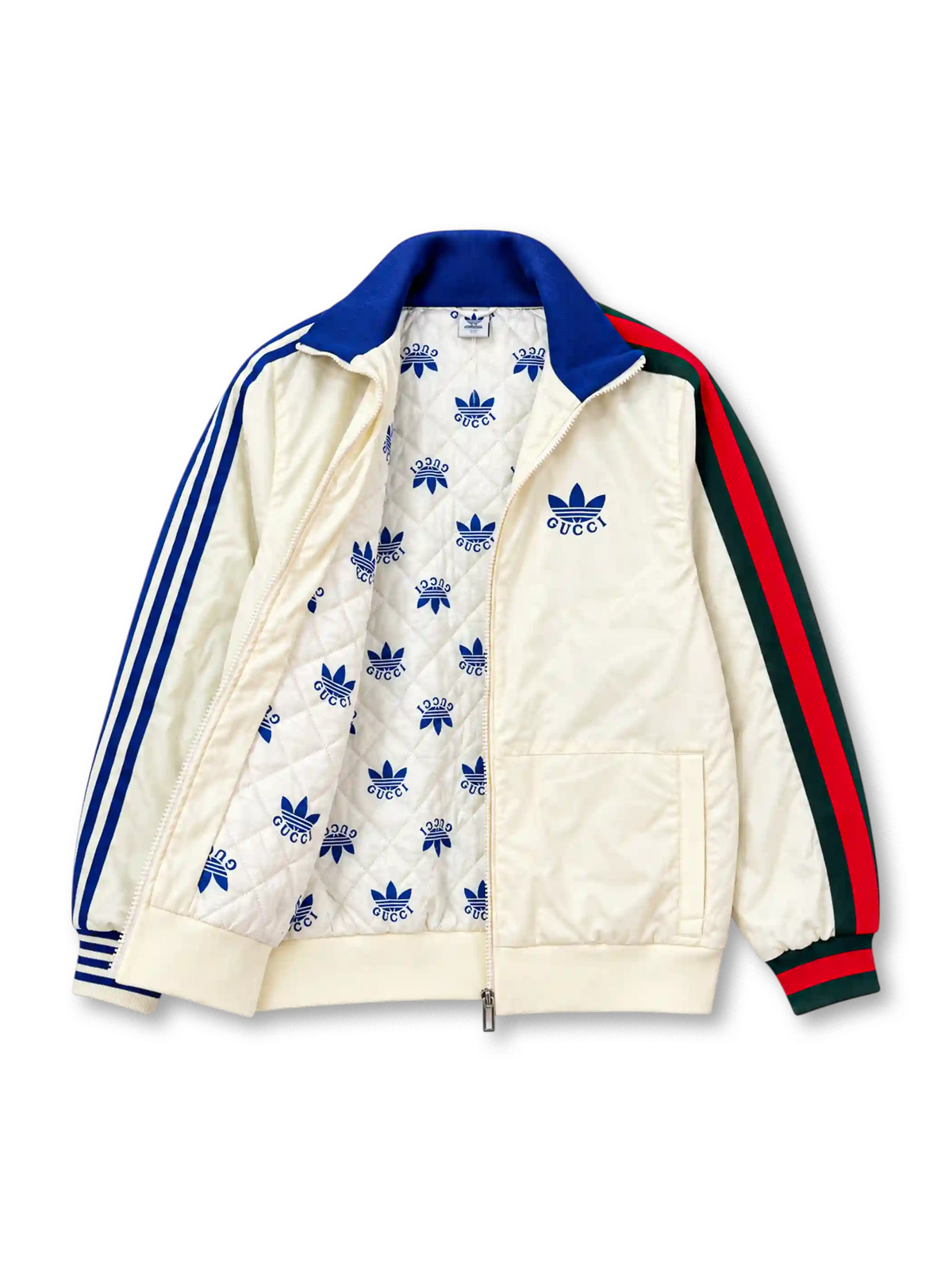 Front view of the off-white adidas x Gucci track jacket featuring blue Three Stripes on the left sleeve, Gucci red and green Web stripes on the right sleeve, a navy stand-up collar, co-branded adidas Trefoil and Gucci chest logo, full-length zipper, and front patch pockets.