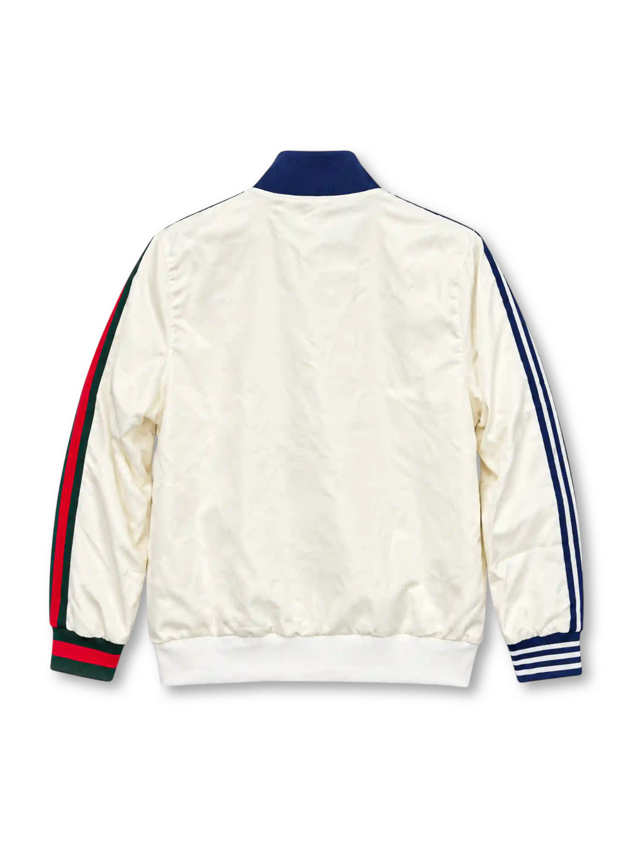 Front view of the off-white adidas x Gucci track jacket featuring blue Three Stripes on the left sleeve, Gucci red and green Web stripes on the right sleeve, a navy stand-up collar, co-branded adidas Trefoil and Gucci chest logo, full-length zipper, and front patch pockets.