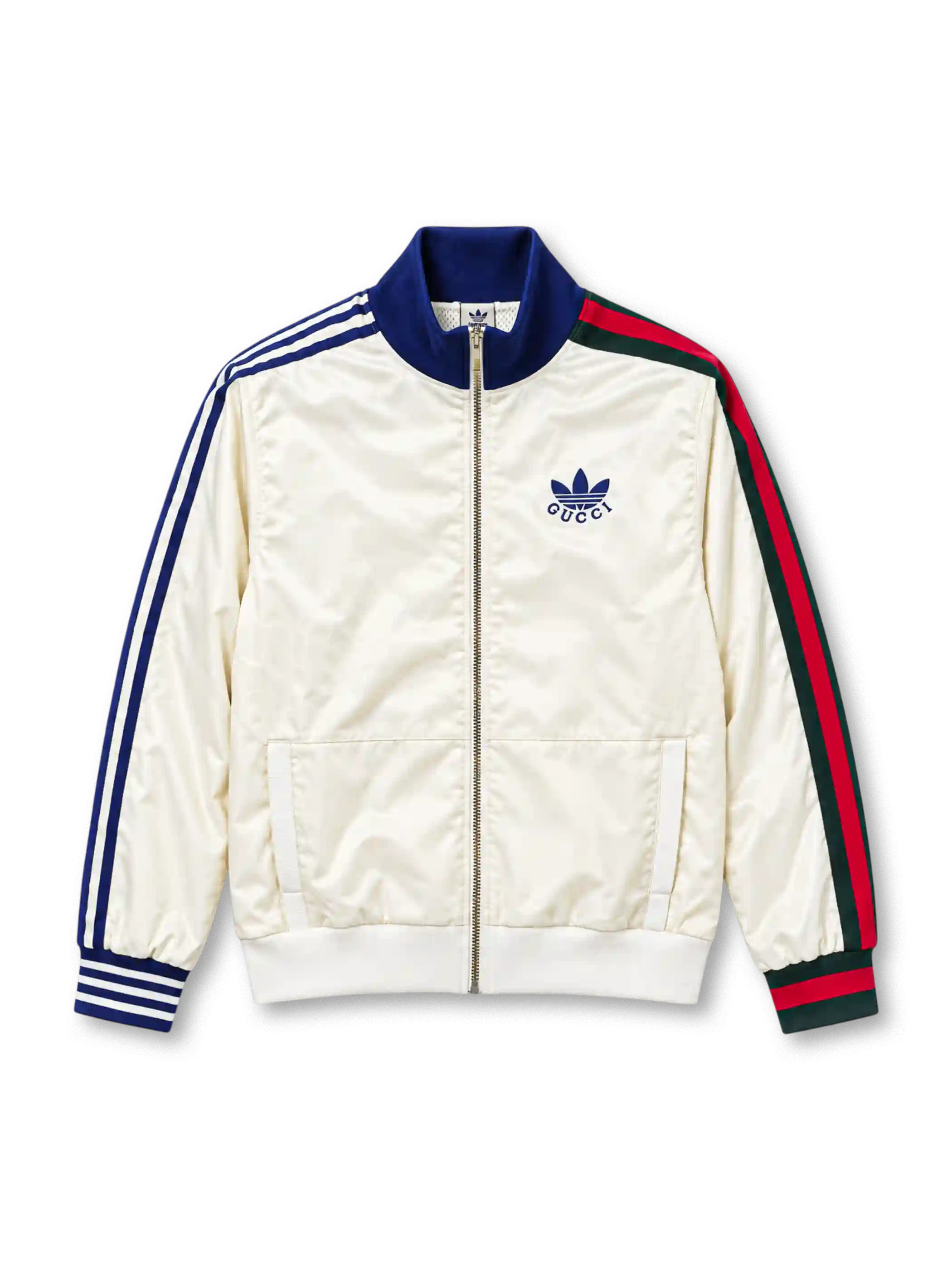 Front view of the off-white adidas x Gucci track jacket featuring blue Three Stripes on the left sleeve, Gucci red and green Web stripes on the right sleeve, a navy stand-up collar, co-branded adidas Trefoil and Gucci chest logo, full-length zipper, and front patch pockets.