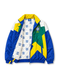 Front view of the Brazil 1993-94 Umbro national team track jacket featuring a large geometric star graphic in yellow and green, royal blue sleeves, white shoulder panels, an embroidered CBF crest, Umbro logo, full zip closure, and elasticated cuffs and hem.