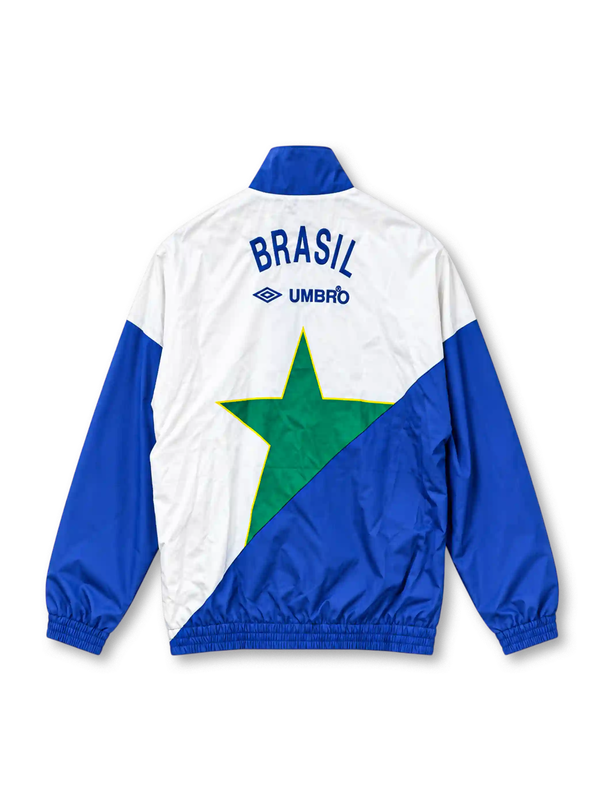 Front view of the Brazil 1993-94 Umbro national team track jacket featuring a large geometric star graphic in yellow and green, royal blue sleeves, white shoulder panels, an embroidered CBF crest, Umbro logo, full zip closure, and elasticated cuffs and hem.