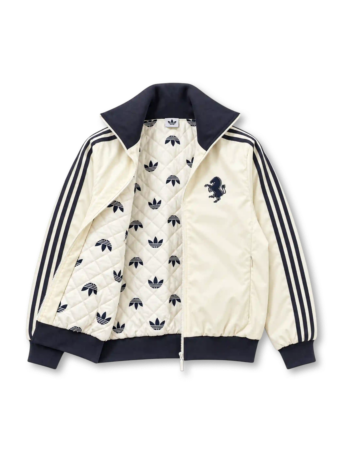 Front view of an off-white adidas Originals Juventus 2024-25 track jacket featuring a black stand-up collar, three black shoulder stripes, a black Trefoil logo, a monochrome vintage zebra crest, full-length front zipper, and dark ribbed cuffs and hem.