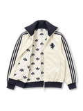 Front view of an off-white adidas Originals Juventus 2024-25 track jacket featuring a black stand-up collar, three black shoulder stripes, a black Trefoil logo, a monochrome vintage zebra crest, full-length front zipper, and dark ribbed cuffs and hem.