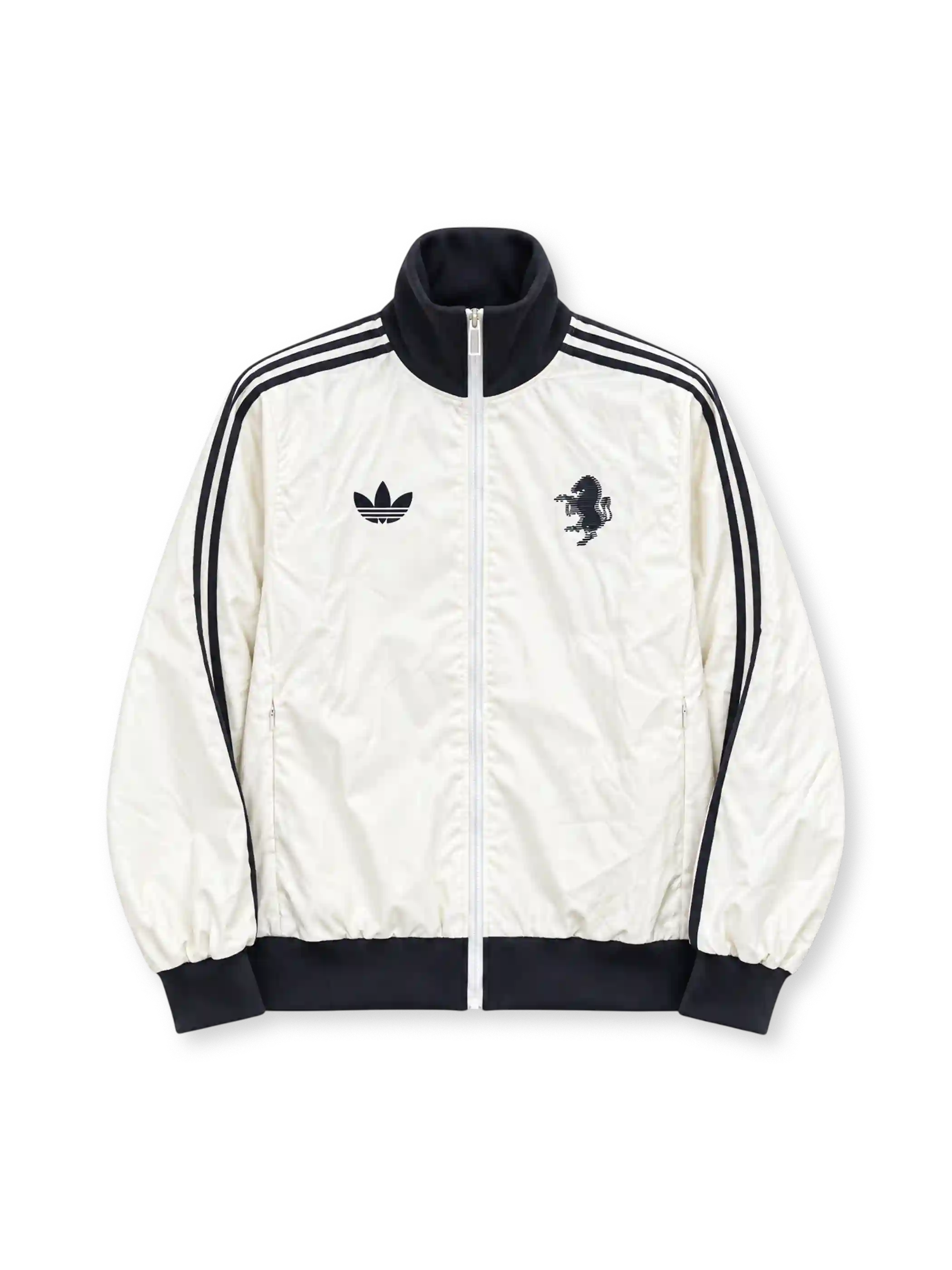 Front view of an off-white adidas Originals Juventus 2024-25 track jacket featuring a black stand-up collar, three black shoulder stripes, a black Trefoil logo, a monochrome vintage zebra crest, full-length front zipper, and dark ribbed cuffs and hem.